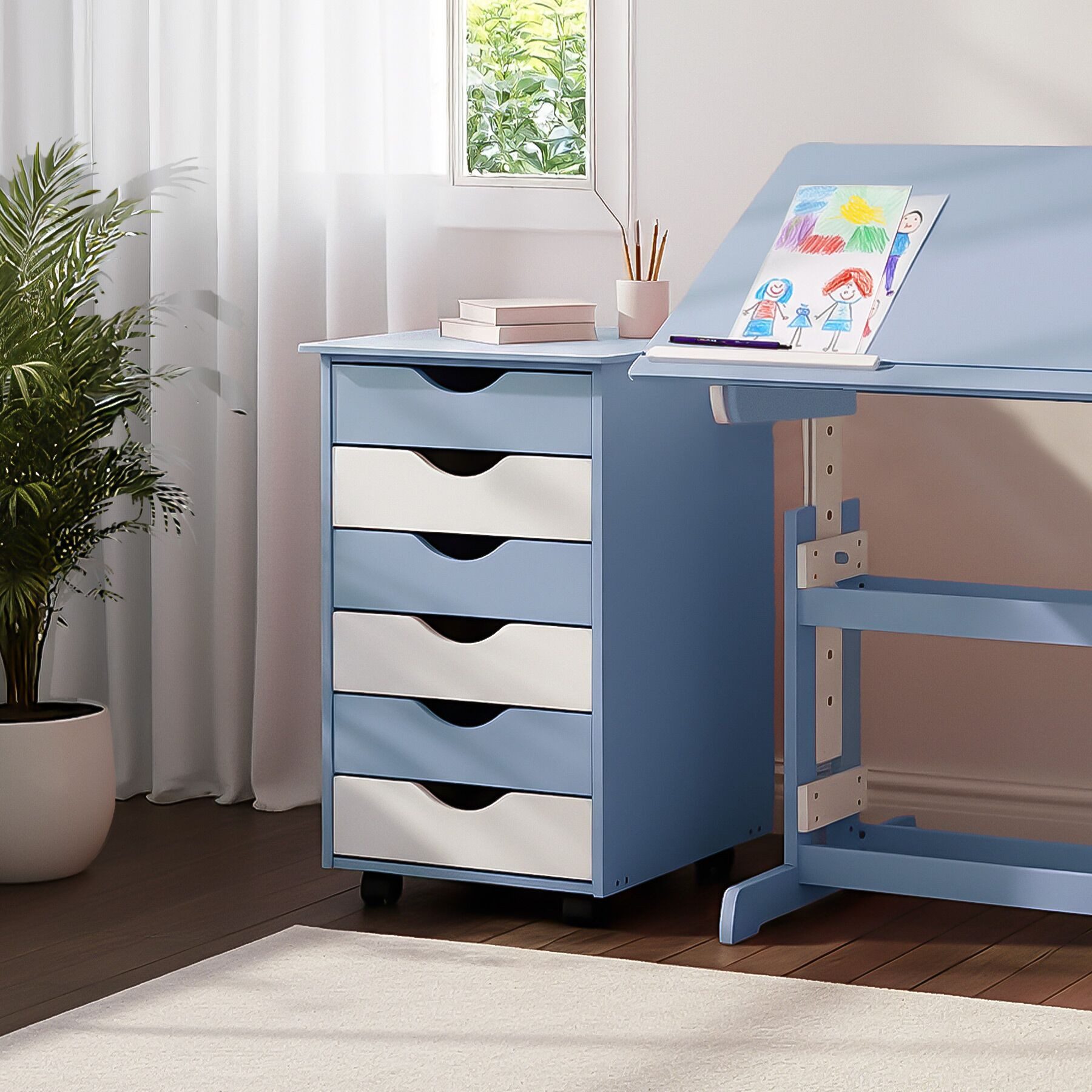 tectake Rollcontainer Schreibtischcontainer 36 x 40 x 65 cm aus Holz, einfache Montage, (Bürokommode, in blau), 4 leichtgängige drehbare Doppelrollen, 6 Schubladen, runde Kanten