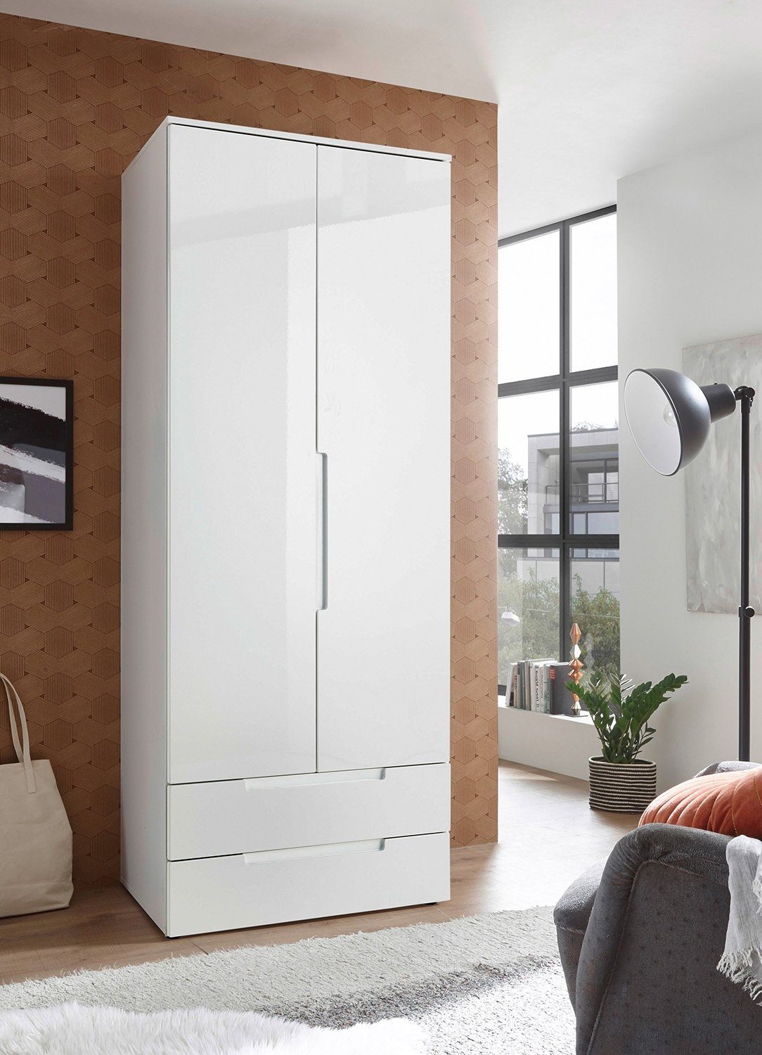 Pol-Power Drehtürenschrank Kleiderschrank SPICE, B 846 cm x H 208 cm, Weiß Hochglanz, 2 Türen, 2 Schubladen