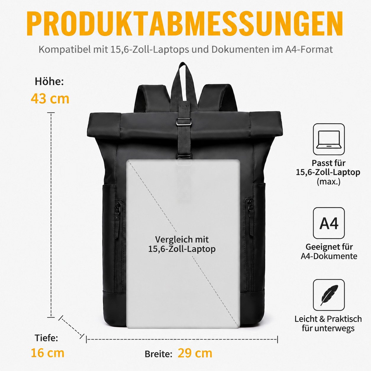 Toomoke Laptoprucksack Rolltop Rucksack Herren Damen, Cityrucksack mit 15,6-Zoll-Fach (Daypack für Büro, Uni und Reise, wasserabweisend mit Trolleygurt), atmung – Bild 2 von 5