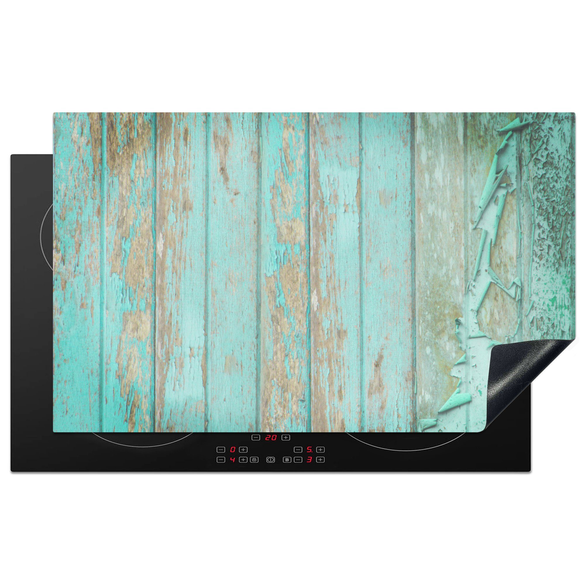 MuchoWow Herdblende-/Abdeckplatte Holz mit Belag, für Ceranfeldabdeckung, tlg), (1 cm, Arbeitsplatte türkisfarbenem Vinyl, küche 83x51