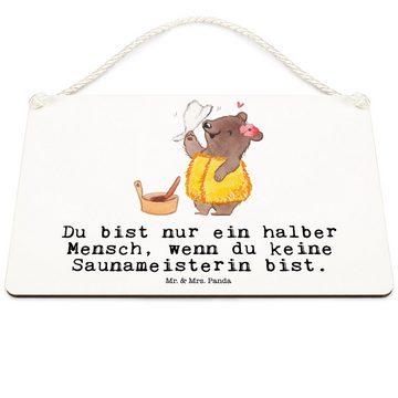 Mr. & Mrs. Panda Hinweisschild DIN A6 Saunameisterin Herz - Weiß - Geschenk, Wandschild, Dekoschild, (1 St), Mit Kordel