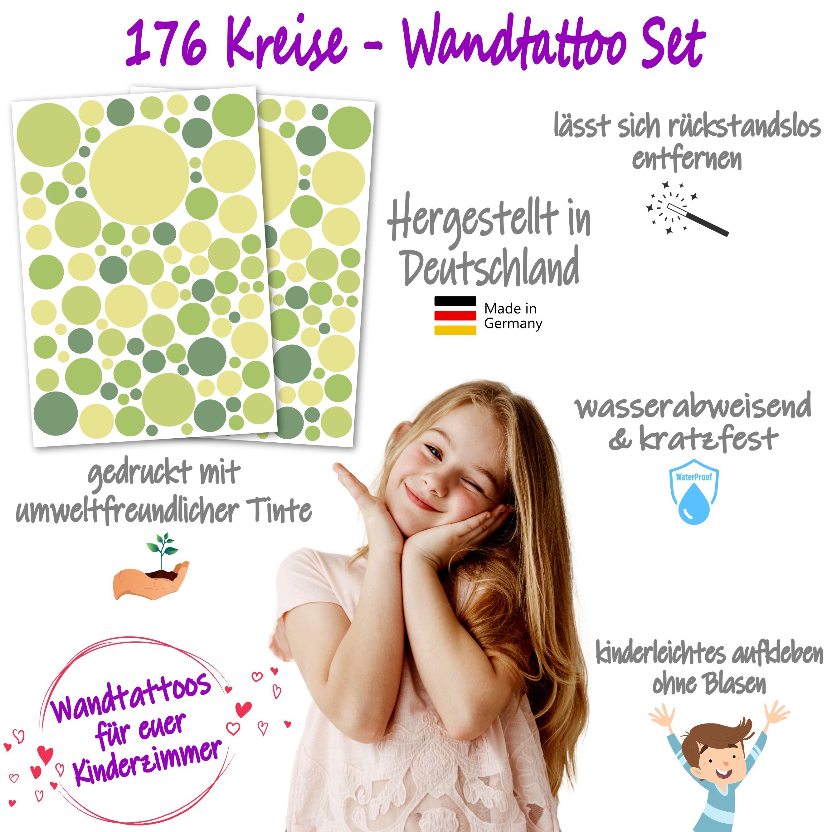 PUNALU Wandtattoo Kreis Set 176 abziehbar selbstklebend, grün für rückstandslos Stück Aufkleber, Kinderzimmer Wandtattoo Babyzimmer