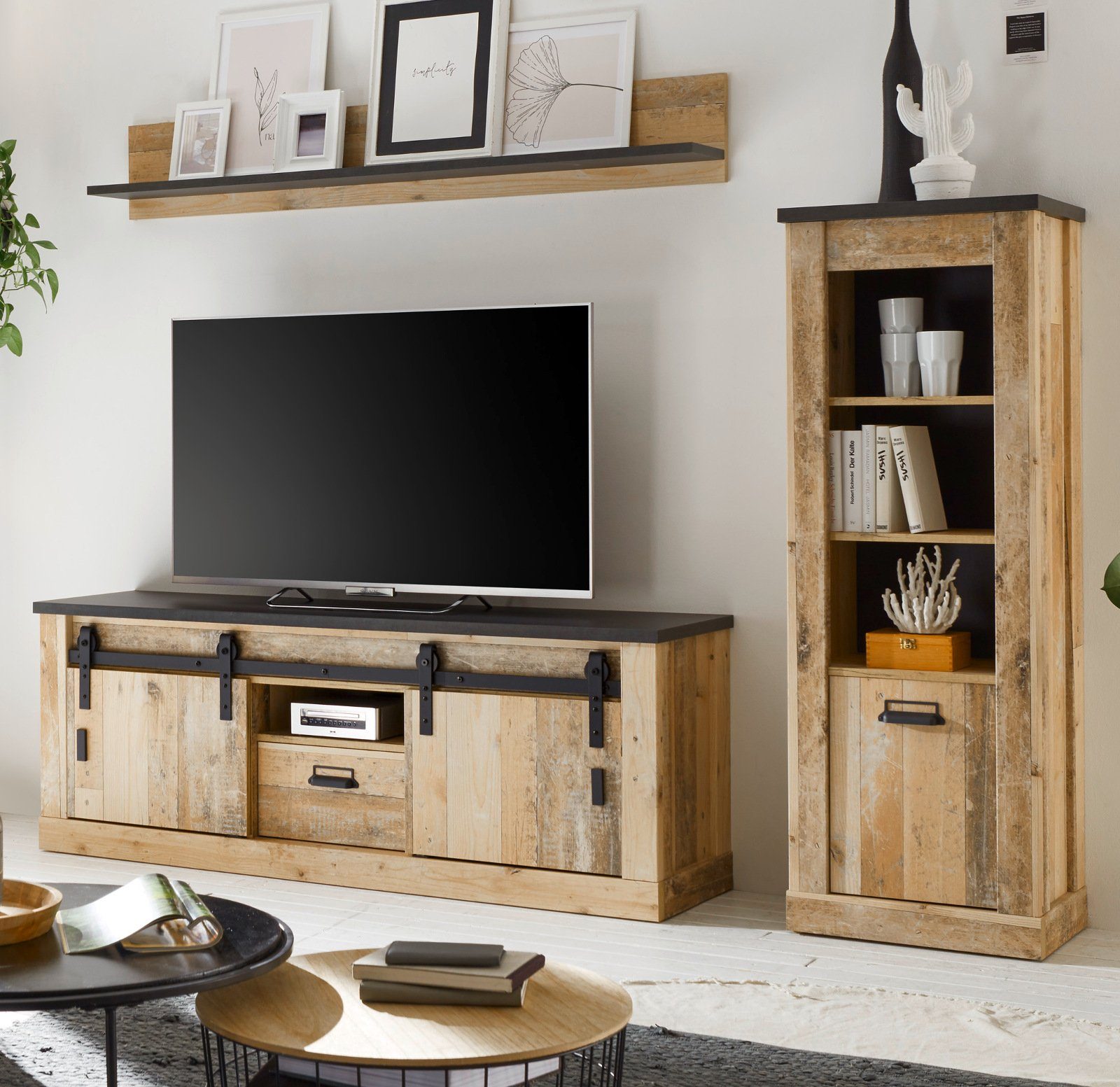 Furn.Design Wohnwand Stove, (Wohnzimmer Set in Used Wood, 3-teilig, 230 x 170 cm), mit Schiebetüren und Soft-Close