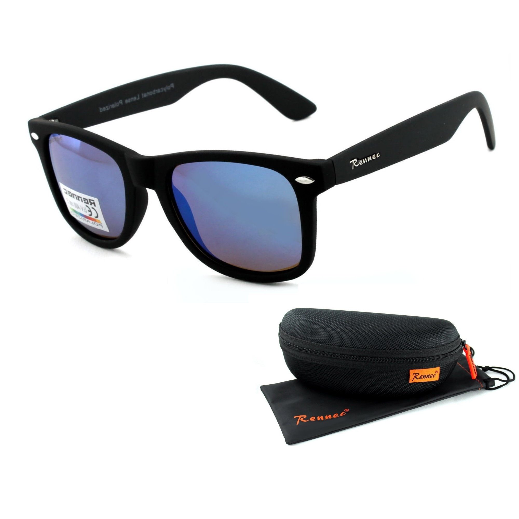 Rennec Sonnenbrille (Nerd Brille Polarisiert Gläser Blau Verspiegelt, Markenbrille Retro Optik Leicht mit stabilen Bügelgelenken) Retro Brille mit schwimmfähigen Hardcase