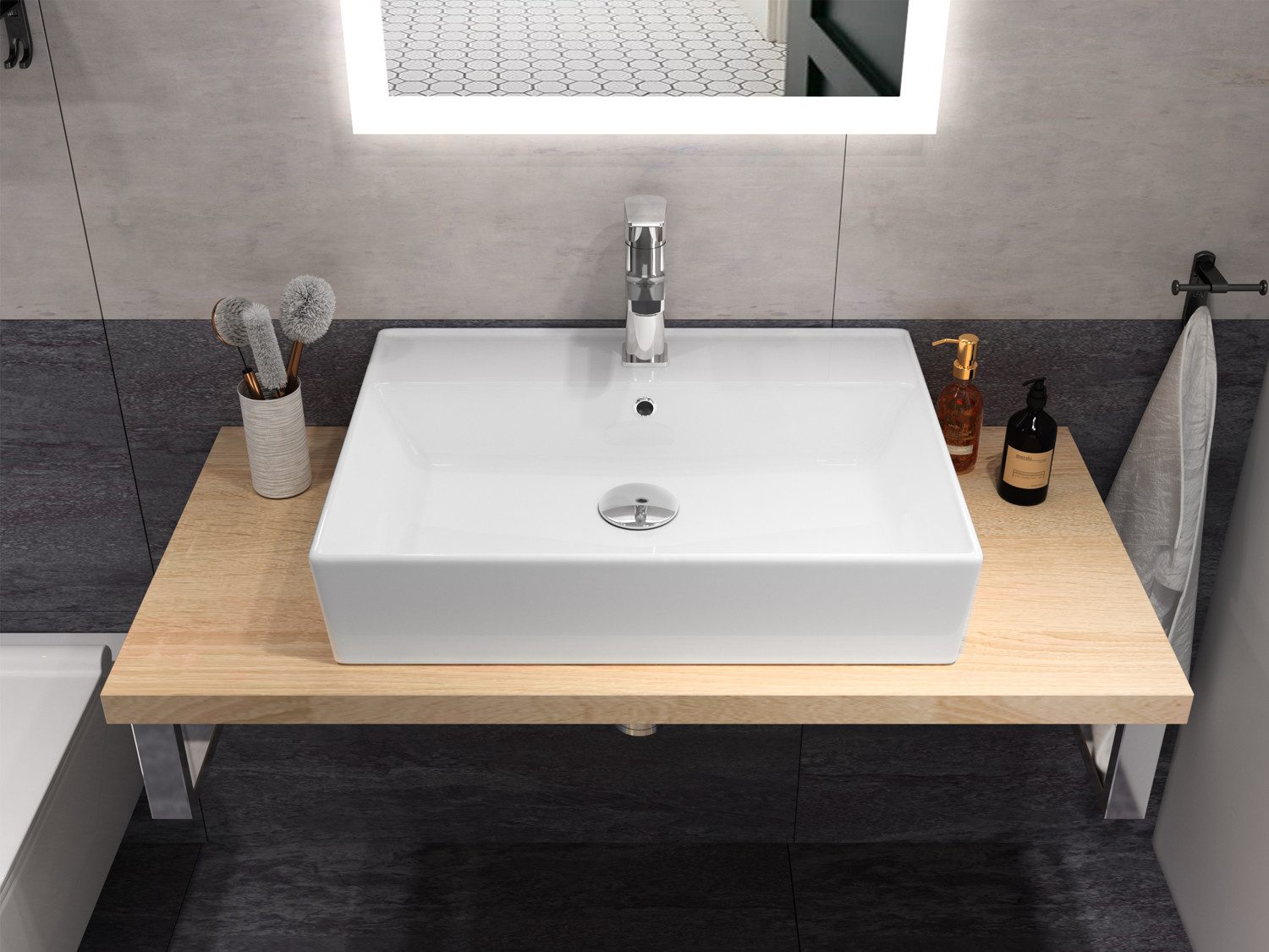 Aqua Bagno Waschbecken 55 cm. weiss glänzend eckig Wandhängend Waschtisch