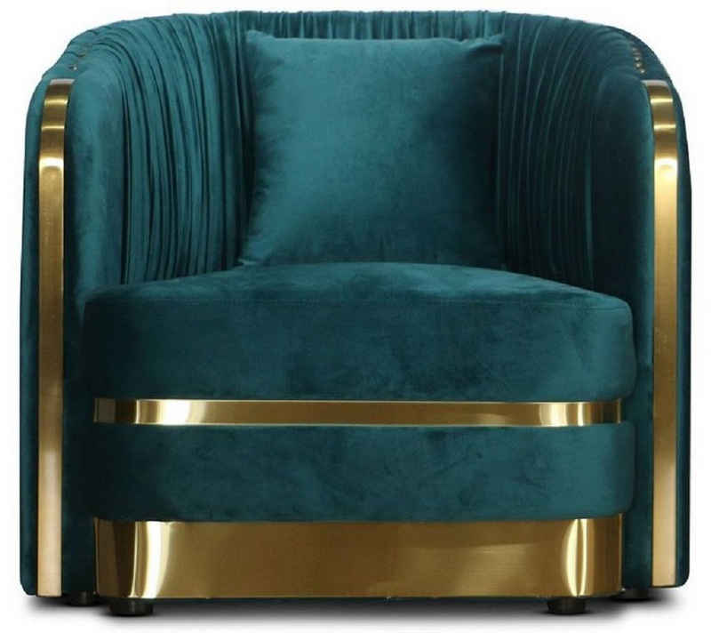 Casa Padrino Sessel Art Deco Samt Sessel Grünblau / Gold 80 x 78 x H. 80 cm - Wohnzimmer Sessel - Art Deco Wohnzimmer Möbel