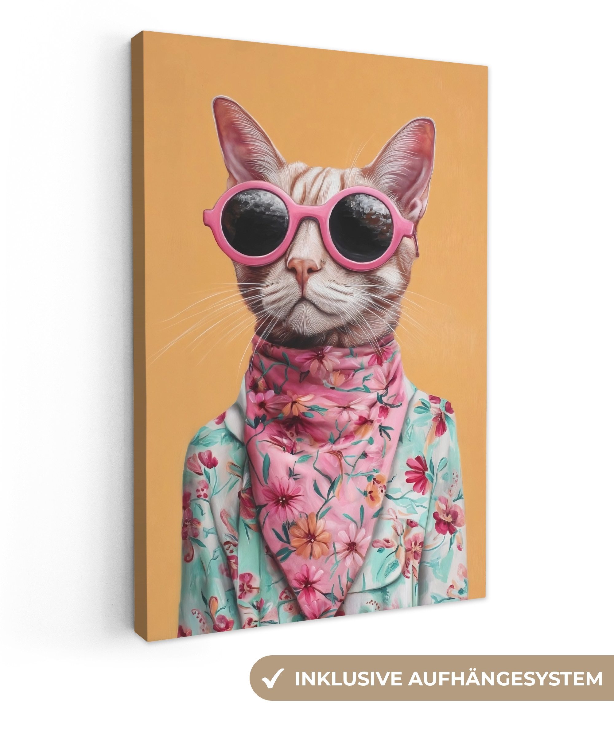 OneMillionCanvasses® Leinwandbild Sonnenbrille - Katze - Halstuch - Blumen, günstig online kaufen