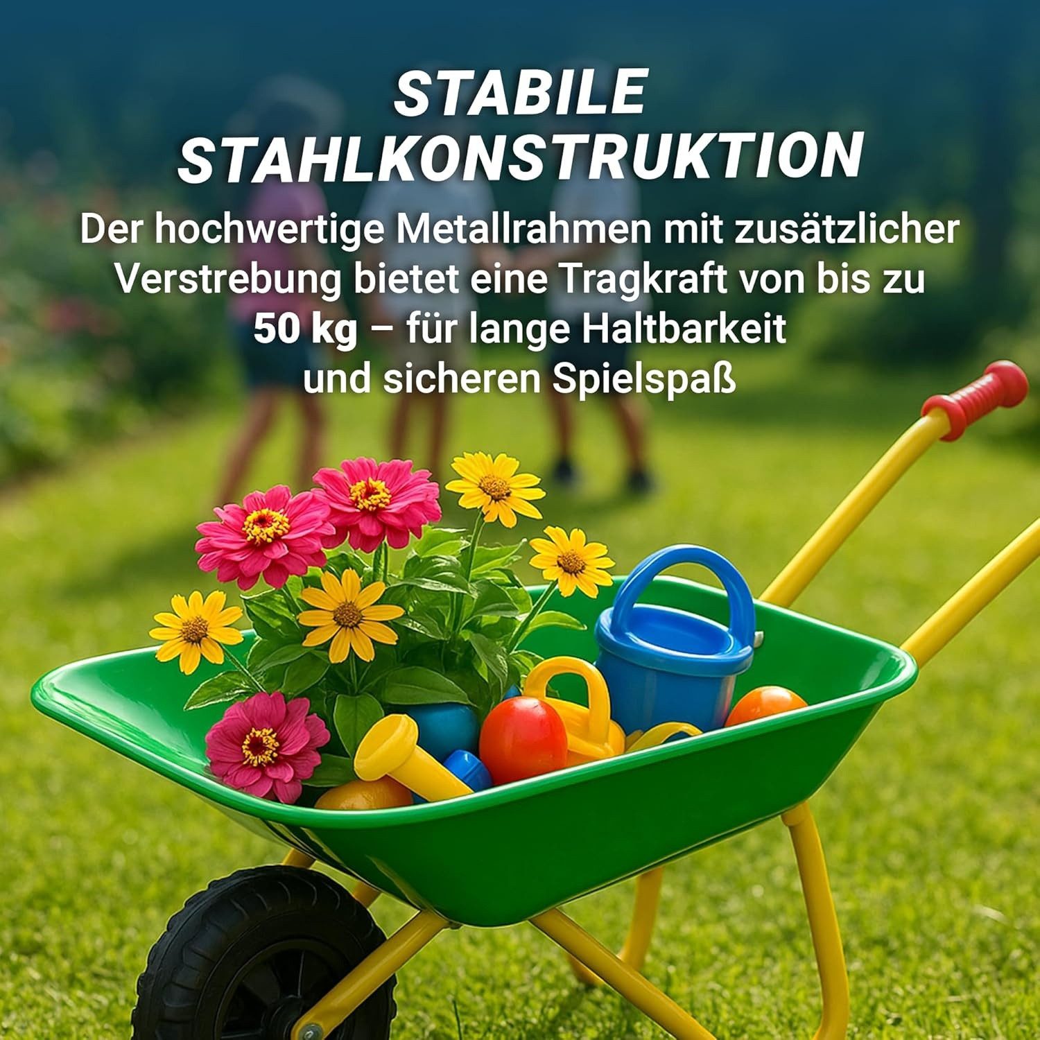 Play Fun Schubkarre Kinderschubkarre aus Metall, Traglast: 50 kg - geeignet für Sand, Laub und Gartenmaterial