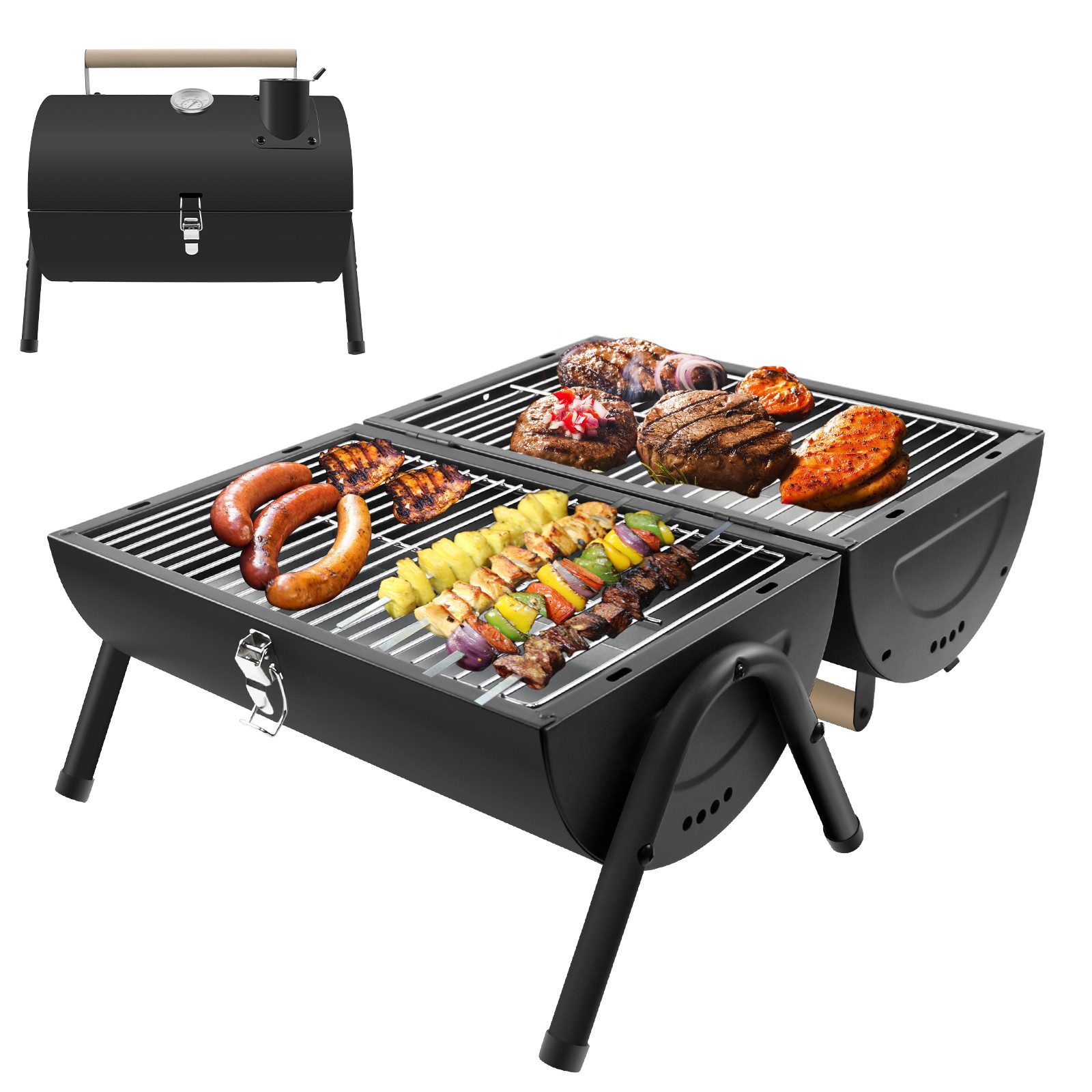 SunJas Holzkohlegrill K-22ABK Klappgrill Tragbarer mit Thermometer und Schornstein, CampingGrill Tischgrill mit HolzgriffDeckel, Doppel Grillfläche 33.7 x 21.5 cm, für Outdoor Picknick Camping