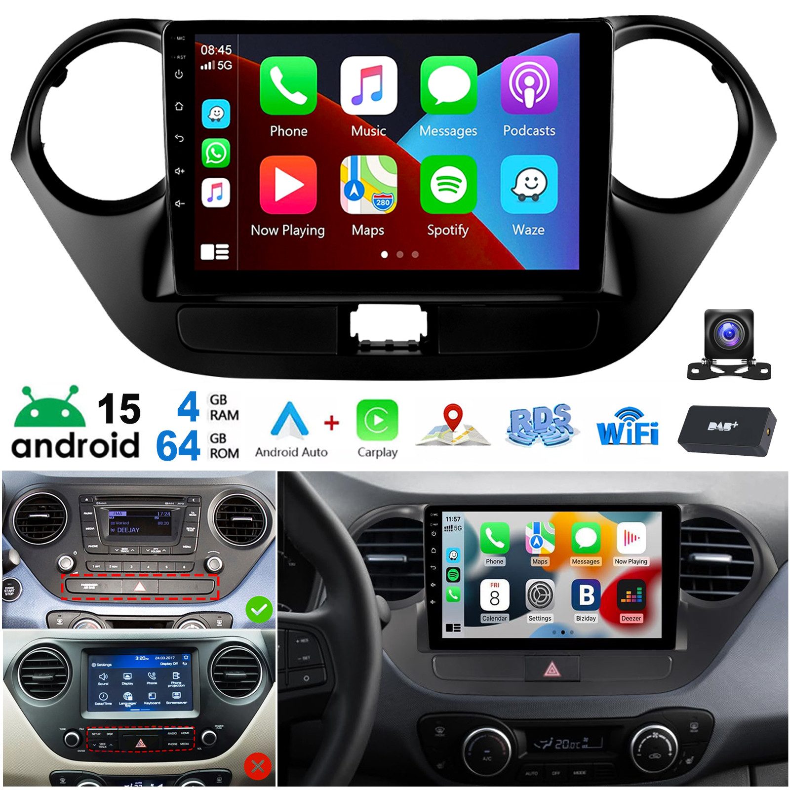 ESSGOO DAB+ 64G Android 15 Für Hyundai i10 II IA/BA 2013-16 Carplay GPS Navi Autoradio (RDS, 4+64GB(optional), FM, AM, DAB+ (optional)