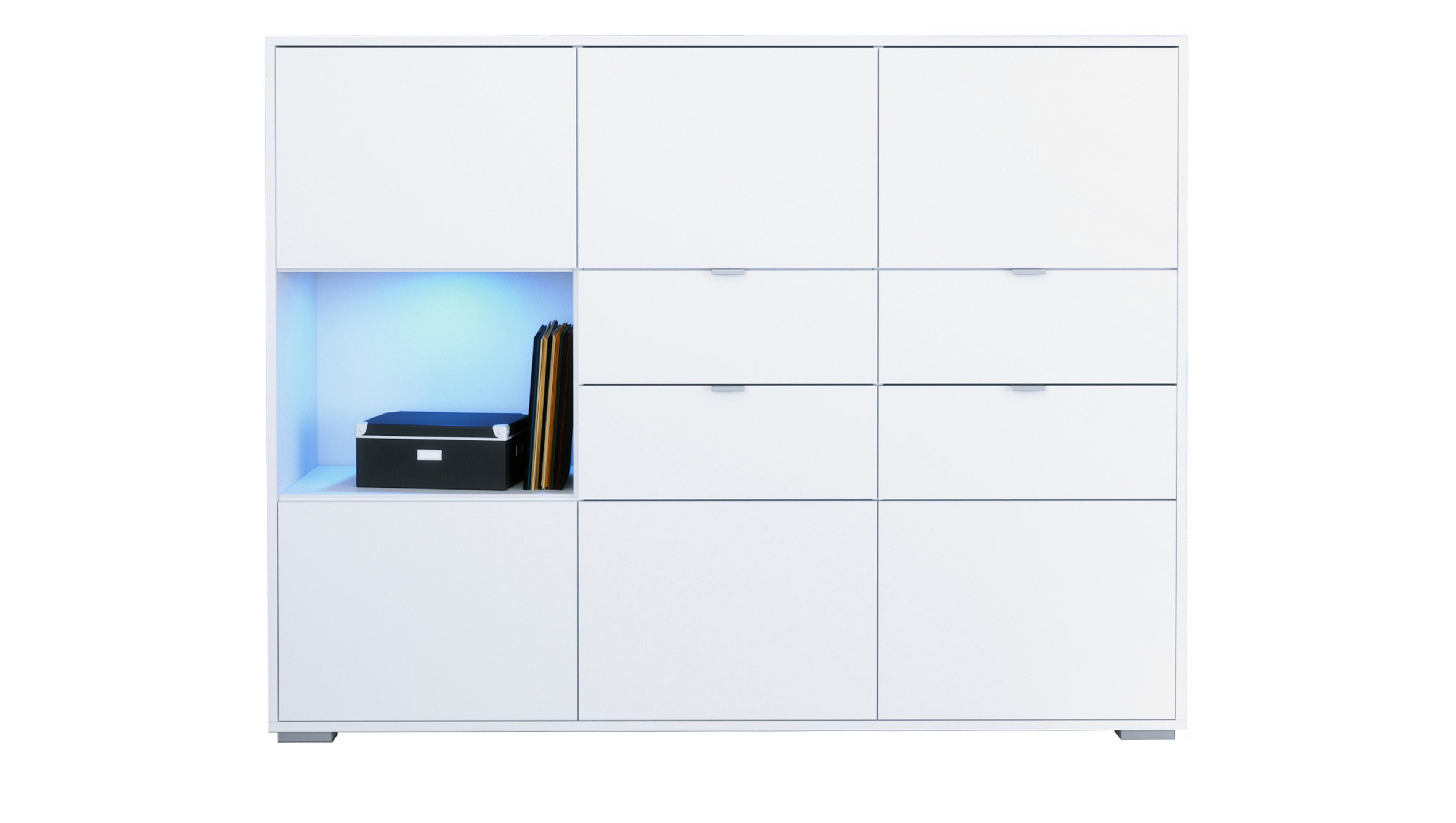 Vladon Highboard Milano (Highboard mit 6 Türen Weiß matt, 4 Schubladen Weiß matt, inkl. LED,Made in Germany), Korpus Weiß matt (152,5 x 118 x 37 cm)