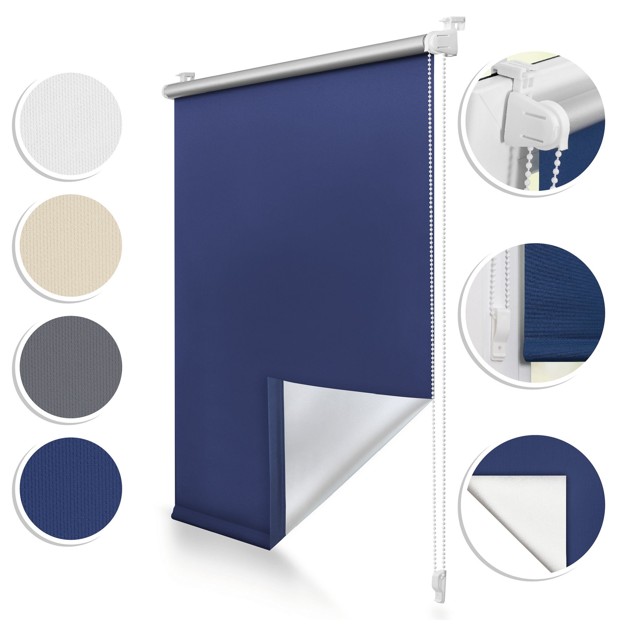 Rollo Thermo-Rollo, Roomy, verdunkelnd, Klemmbar, Anschraubbar, freihängend, Klemmbar, Anschraubbar, Klemmfix ohne Bohren Verdunkelungsrollo Hitzeschutzrollo Sichtschutz, verdunkelnd, abdunkelnd, verstellbare Klemmträger, freihängend, Thermo-Funktion, Bedienseite frei wählbar (vormontierter Kettenzug kann links oder rechts montiert werden), Stoff 4 cm schmaler als Bestellbreite, Длина bis 150 cm abrollbar, Alternative Montageart für Wand und Decke