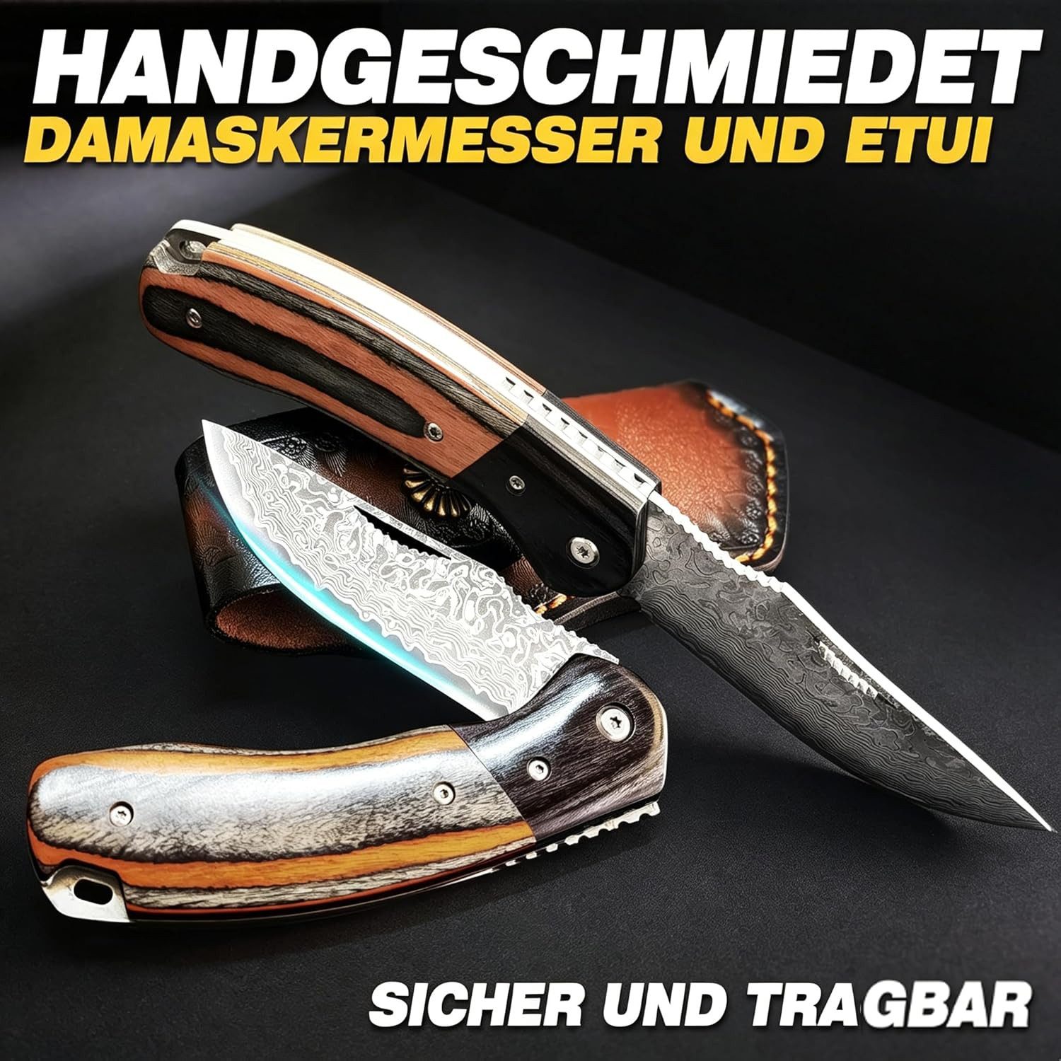 KingLux Damastmesser Damast Taschenmesser Klappmesser mit Damaststahl,Messerscheide Leder