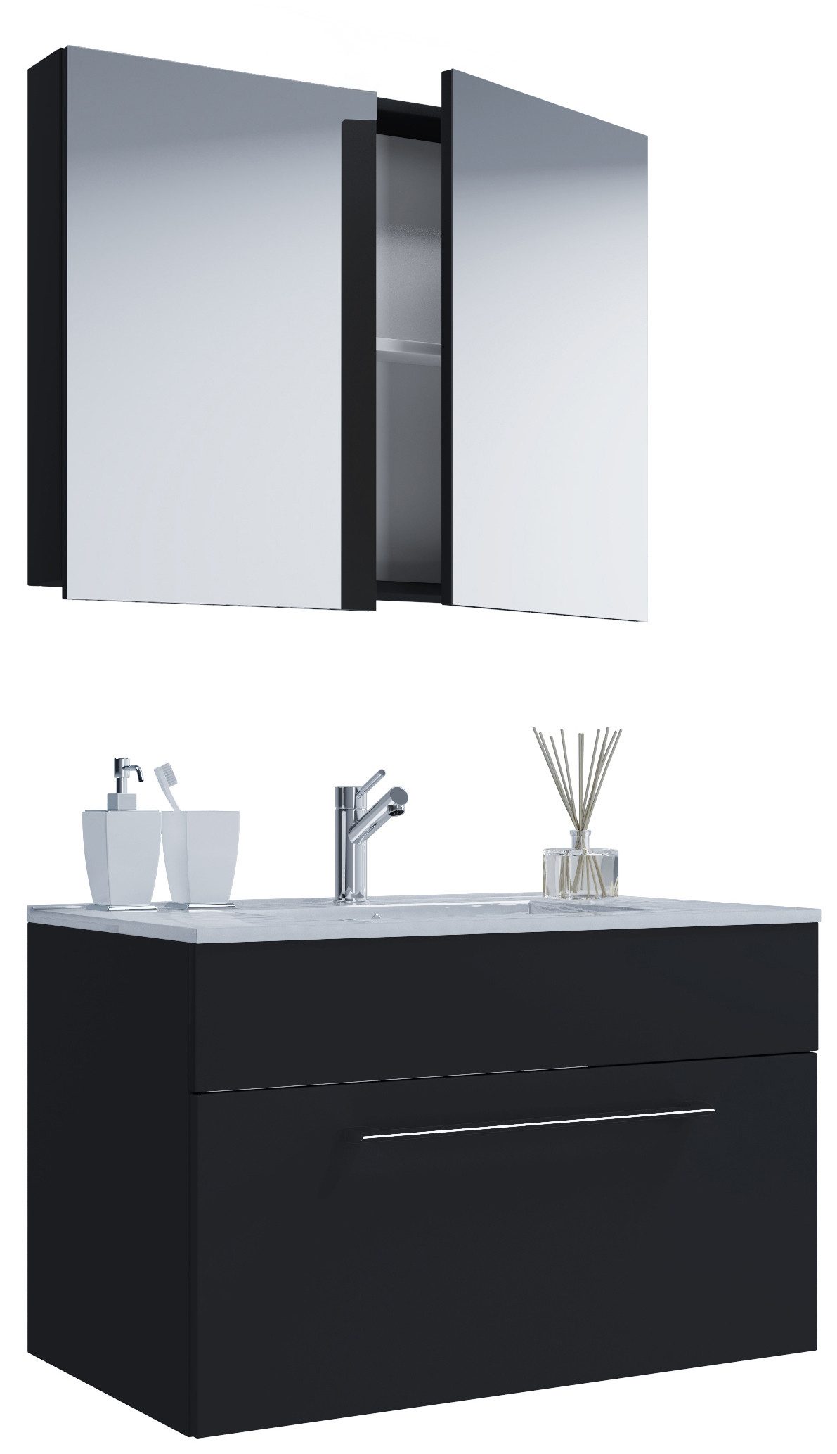 VCM Waschtisch 3 teilig Badmöbel-Set Waschplatz Badinos (Set, 3-St., 1x Unterschrank 1x Waschbecken 1x Spiegelschrank), 3-tlg. Waschplatz, Waschbecken Unterschrank Breite 80 cm, Badmöbel
