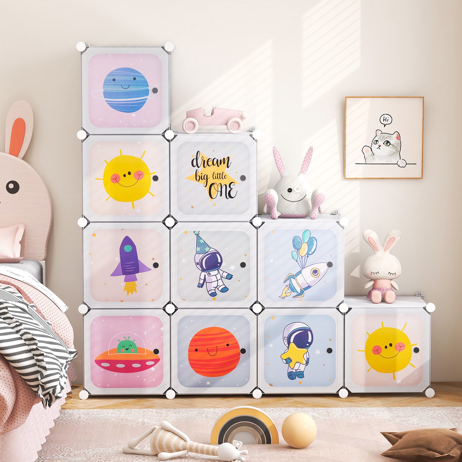 COSTWAY Kinderkleiderschrank Kunststoff mit 12 Würfeln, erweiterbar mit Türen