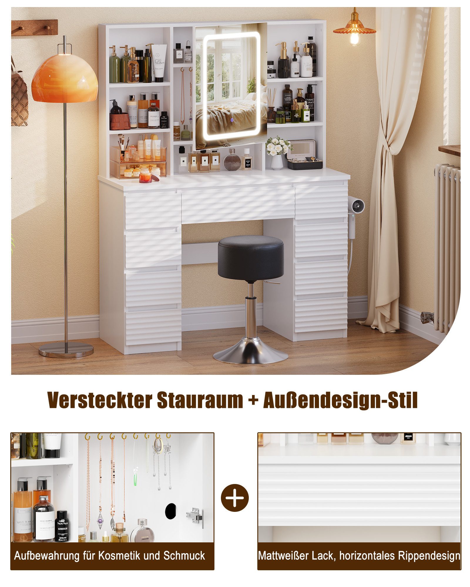 HOMALL Schminktisch LED-Schminkspiegel, schwarz-weißer Schminktisch und Hocker im Set (Kombination aus 9 Schubladen, 7 offenen Fächern und Stauraum hinter dem S – Bild 5 von 5
