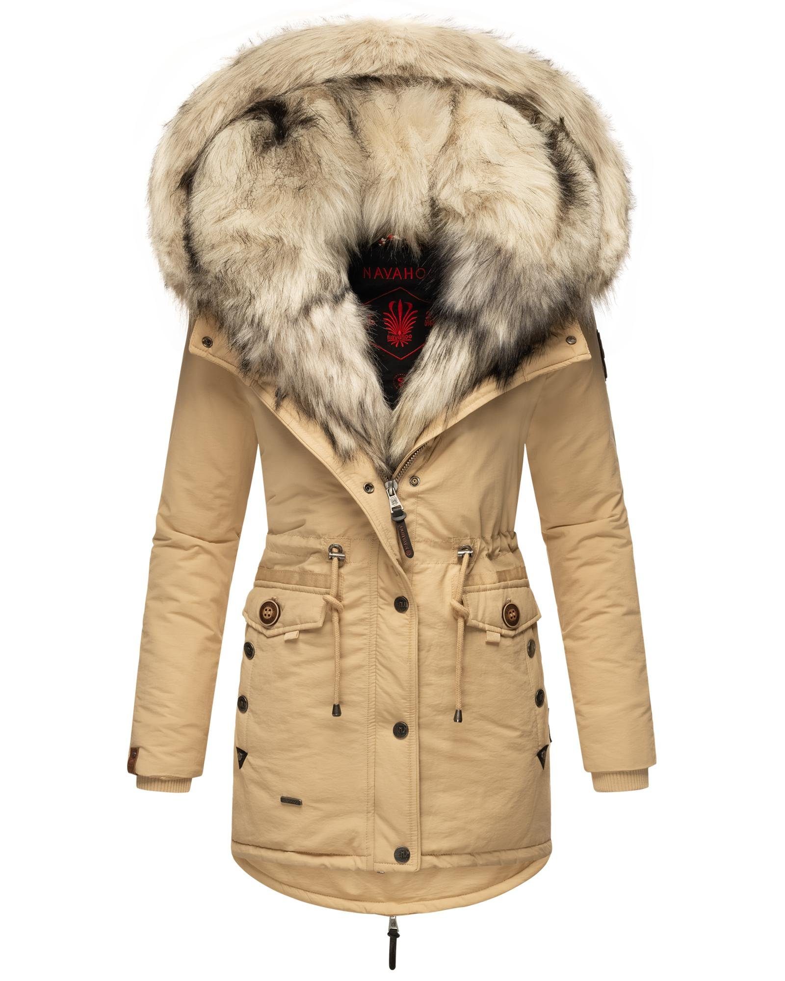 Navahoo Wintermantel Sweety abgefahrener Winterparka m. 2 Kunstpelz-Kapuzen beige