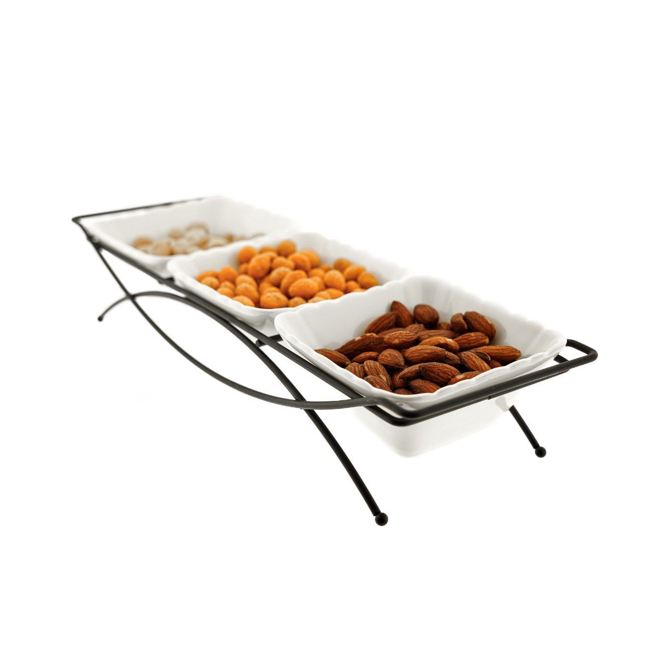Snackschale 4er Snackschalen-Set mit weißen Schalen Porzellan und schwarze Ständer