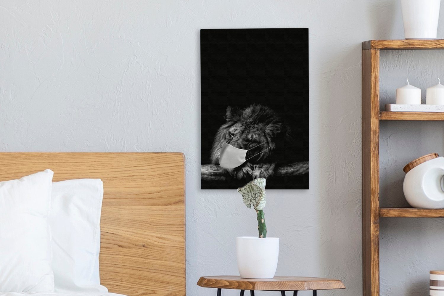 St), Zackenaufhänger, weiß, Löwe bespannt schwarz OneMillionCanvasses® cm Gemälde, Leinwandbild 20x30 inkl. fertig mit (1 und Mundschutz - Leinwandbild
