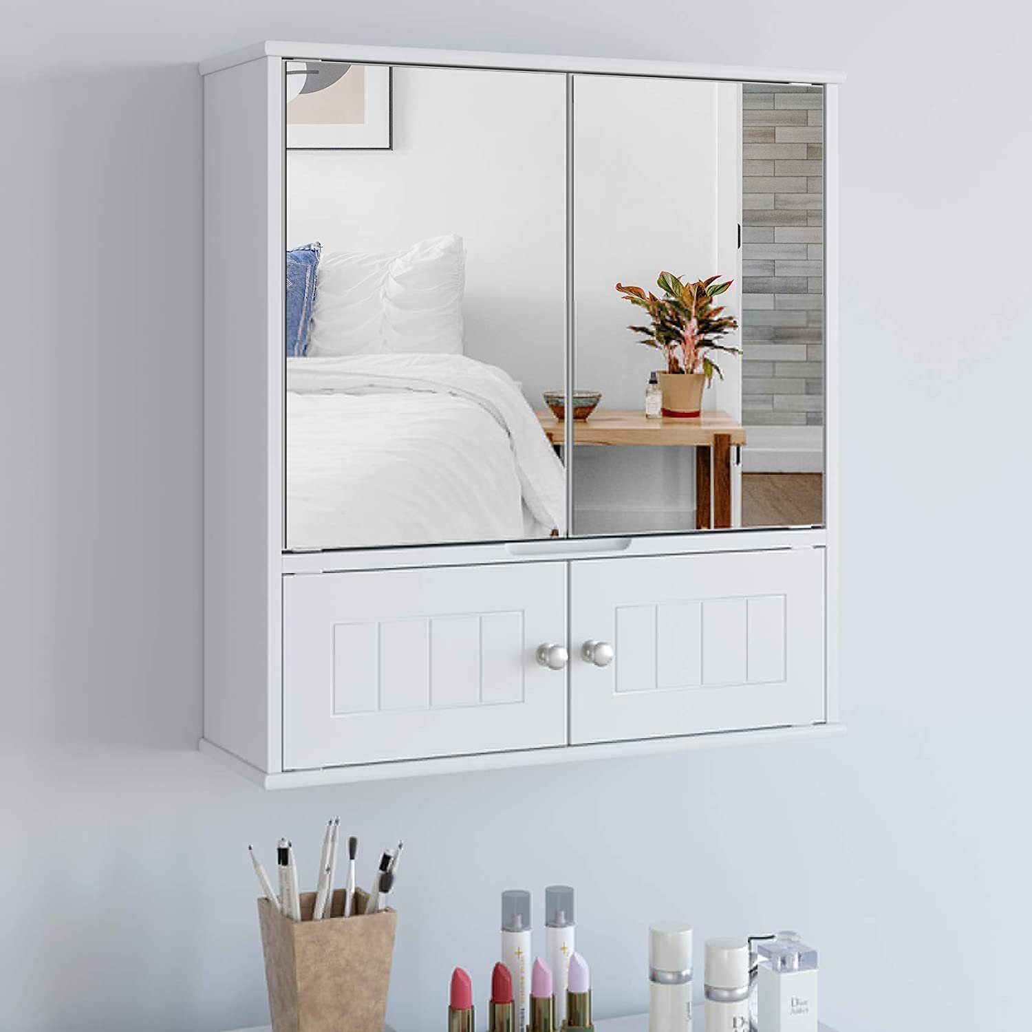 Badezimmerspiegelschrank mit Hängeschrank Ablage HOMECHO Weiß Badschrank