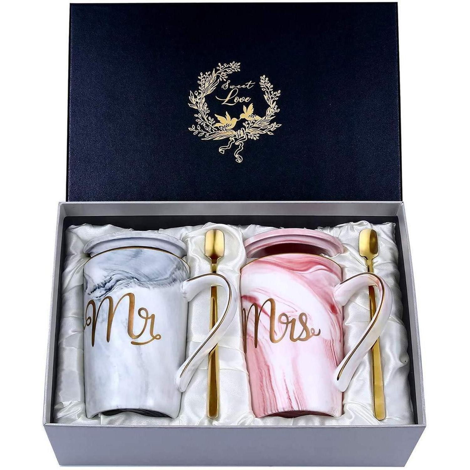 LuxusKollektion Tasse Kaffeetassen Set Marmor 14oz Rose Gold Monogramm, Keramik