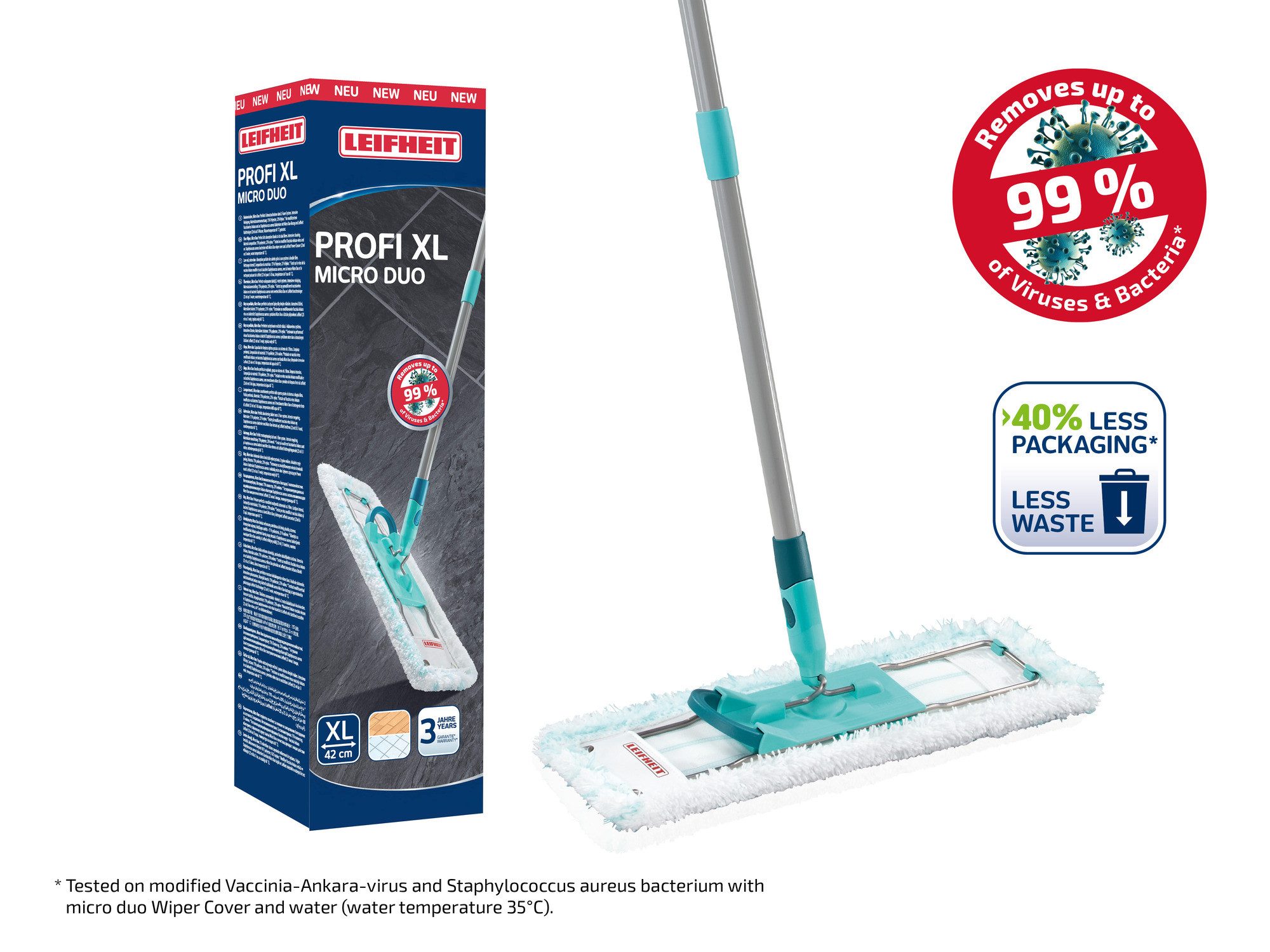 Leifheit Bodenwischer-Set Bodenwischer Profi XL micro duo, (3-St), Waschbar bei 60°C, Wischbreite 42cm, Arbeitshöhe 146cm, Microfaser