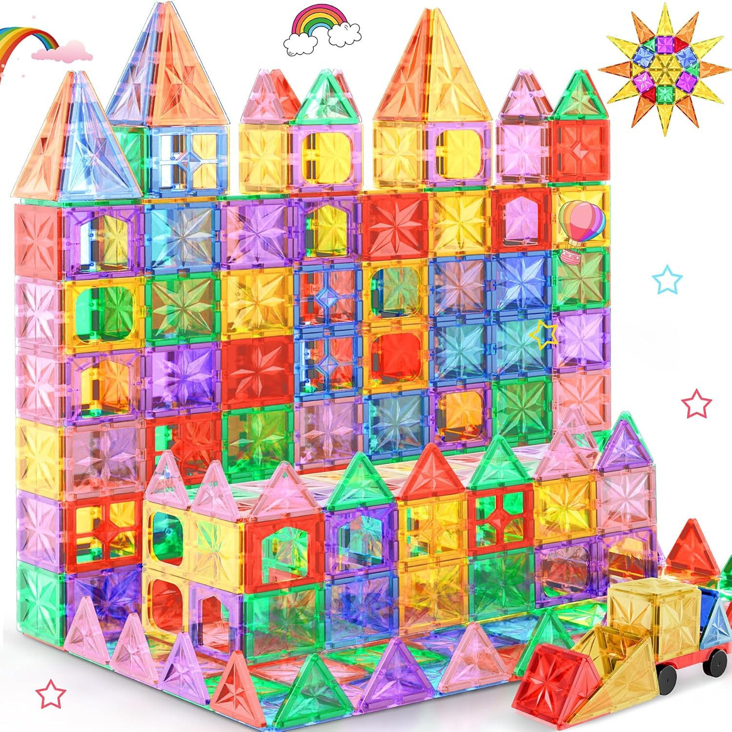 POPOLIC Magnetische Bausteine, 61 Teile Magnete Kinder Stärker Magnetbausteine Magnetspielbausteine, (61 St., 3D STEM Montessori Spielzeug mit Autobasis Magnetspiel), ab 3 4 5 6 7 8 Jahre Vorschule Lernen Geburtstagsgeschenke