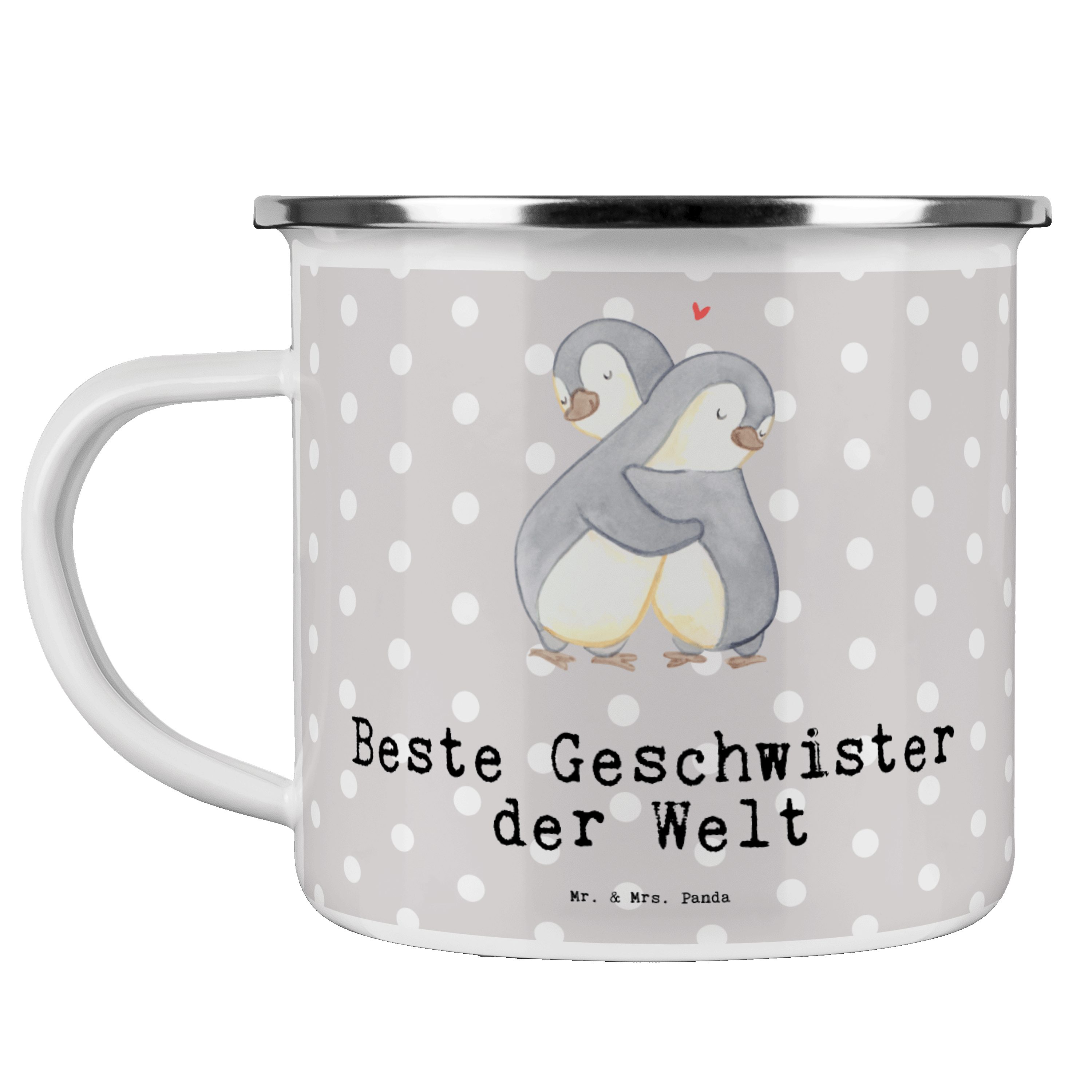 Mr. & Mrs. Panda Becher Pinguin Beste Geschwister der Welt - Grau Pastell - Geschenk, Schwest, Emaille