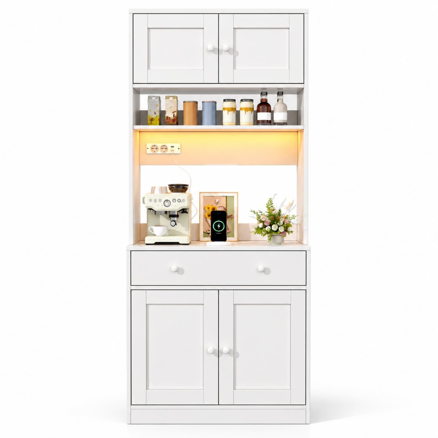 ANYSUN Küchenbuffet Küchenschrank mit LED, Steckdosen & USB,Arbeitsplatte,großer Schublade (1-St) Hochschrank als Kaffeebar mit Türregalen & Stauraum, 72×40×180 cm