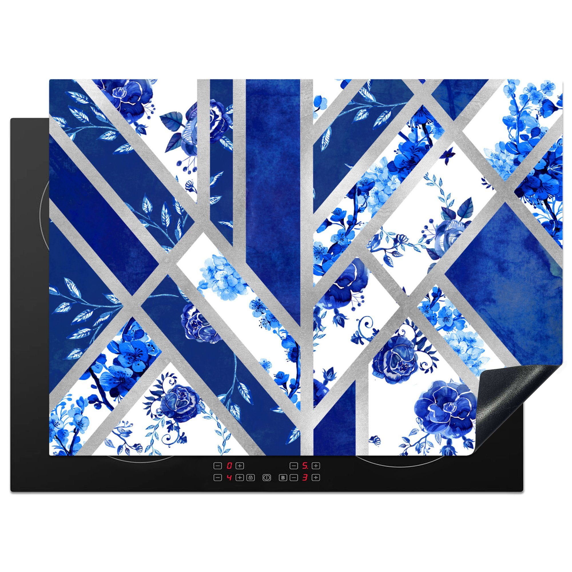 MuchoWow Herdblende-/Abdeckplatte Delfter Blau - Design - Abstrakt, Vinyl, (1 tlg), 71x52 cm, Induktionskochfeld Schutz für die küche, Ceranfeldabdeckung