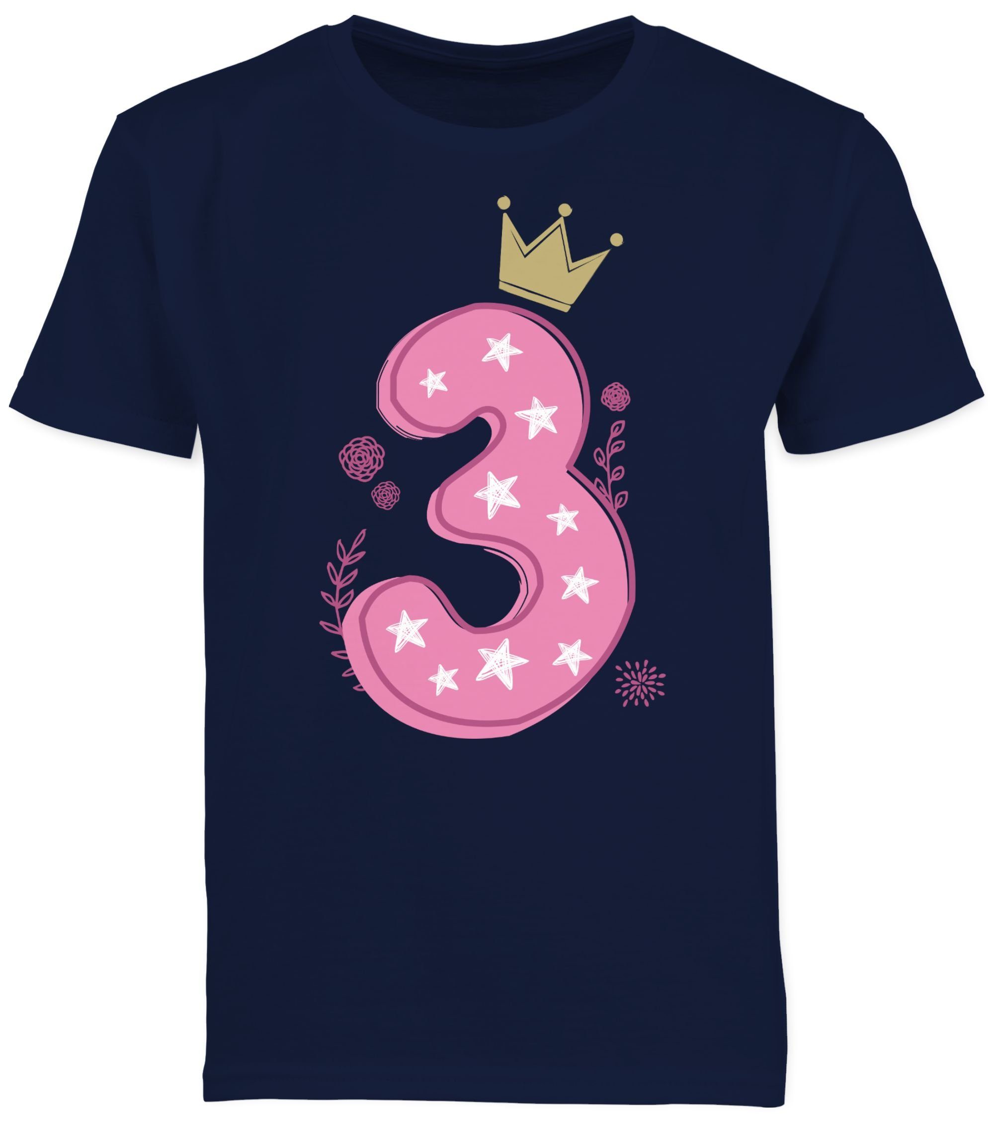 Shirtracer T-Shirt Dritter Mädchen Krone Sterne 3. Geburtstag 2 Dunkelblau
