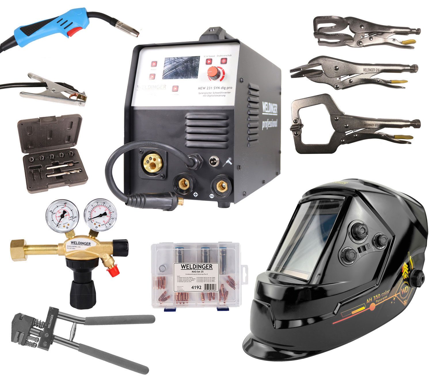 WELDINGER Schutzgasschweißgerät MIG-MAG-Schweißinverter MEW 231 SYN dig pro KFZ Aktionsset Schweißhelm, Verschleißteilesortiment MAG-Set 1, Gripzangenset 3-teilig
