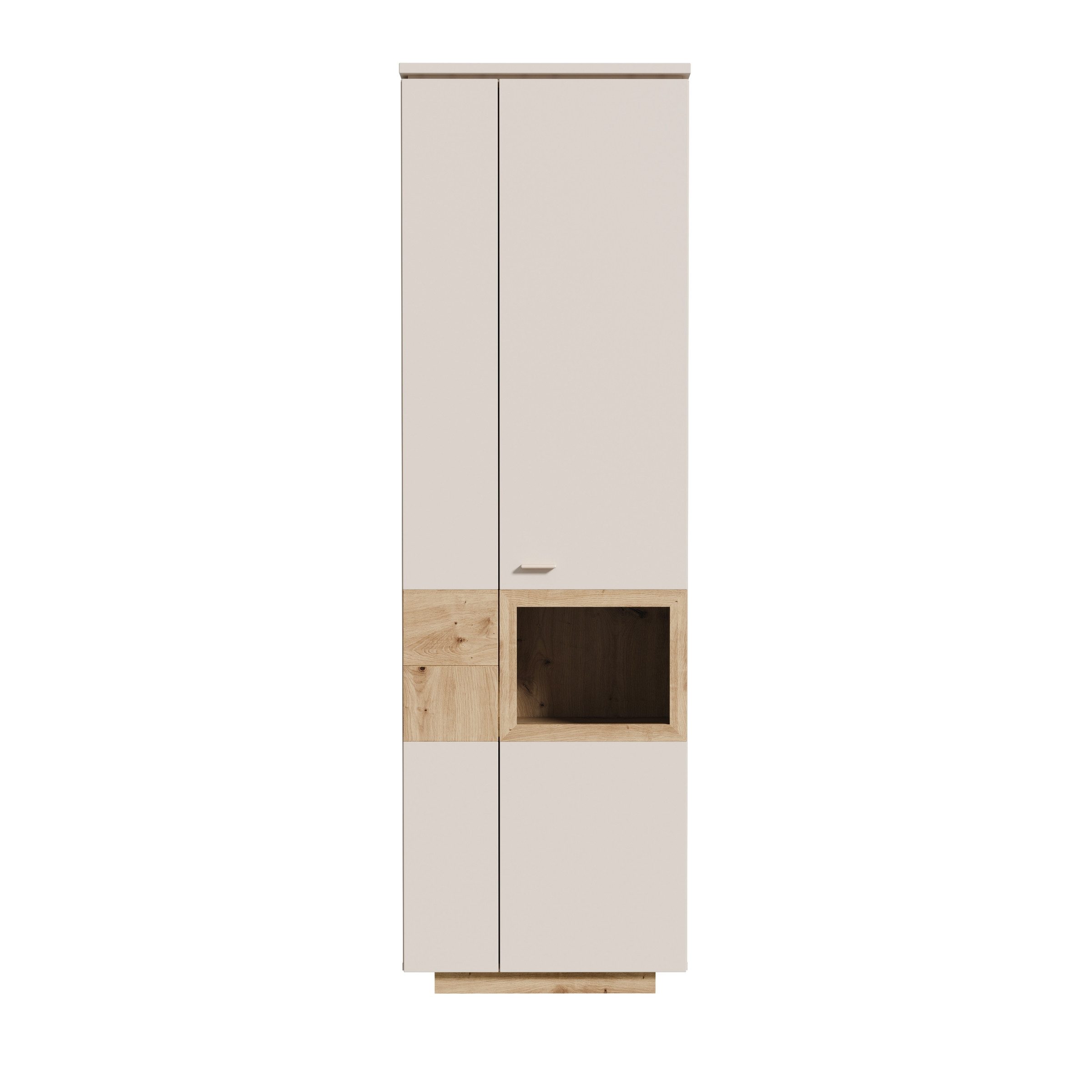 PREISBRECHER Stauraumvitrine LOUOTO 2 Türen, 4 Böden, sandfarbig / Artisan Eiche - 60,7x197,2x41,6 (BxHxT)