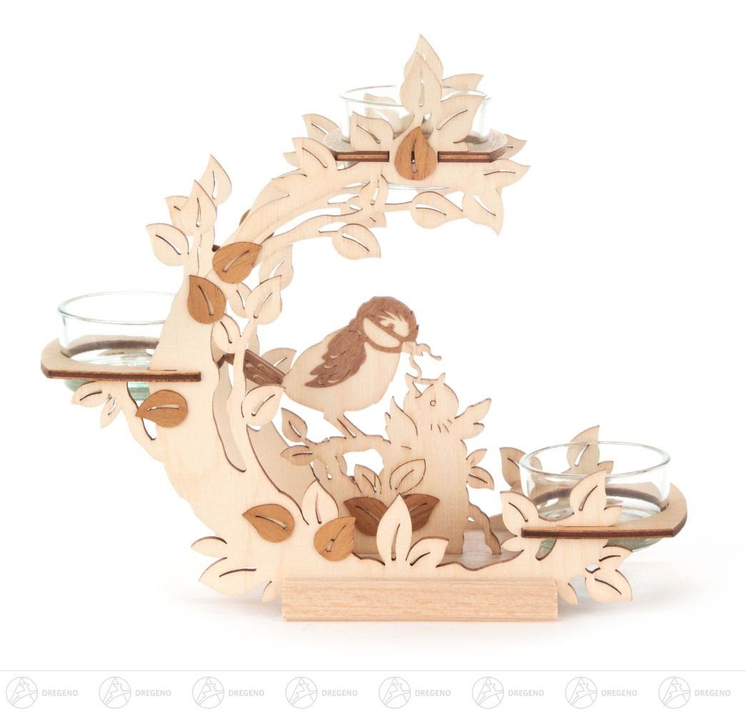 Dregeno Erzgebirge Teelichthalter Teelichthalter Blütenkranz mit Vögeln Breite x Höhe x Tiefe 18 cmx, Laubsägeoptik Vogelmotive
