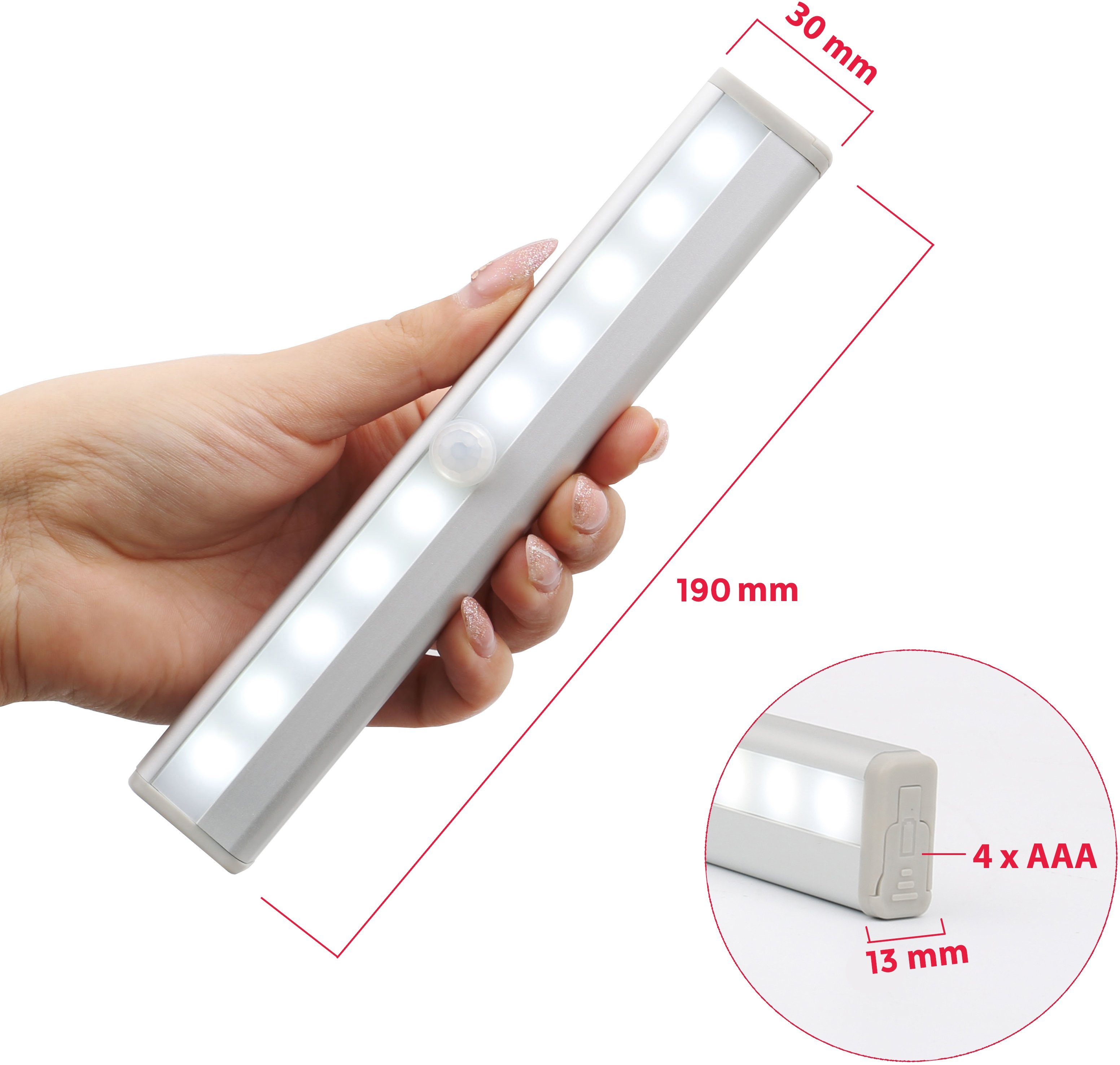 B.K.Licht Unterschrankleuchte Bewegungsmelder, und Unterbaulampen LED Magnet- Batterie Klebestreifen LED-Schrankbeleuchtung, Set, fest integriert, mit BK_UL1105 betriebene 2er mit