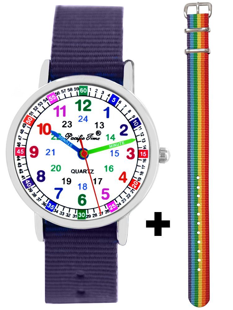 Pacific Time Quarzuhr Lernuhr für Kinder, + farbiges gestreiftes Armband - Gratis Versand