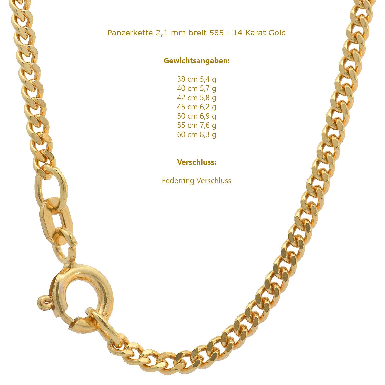 HOPLO Panzerkette Goldkette Panzerkette Halskette Breite 2,1 mm 42 cm 585-14 Karat Gold, Made in Germany – Bild 5 von 5