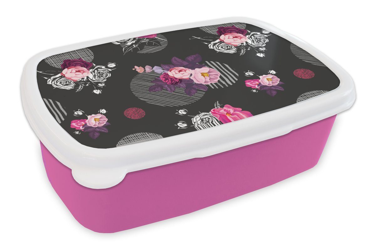 MuchoWow Lunchbox Rosen - Blumen - Muster, Kunststoff, (2-tlg), Brotbox für Erwachsene, Brotdose Kinder, Snackbox, Mädchen, Kunststoff rosa | Lunchboxen