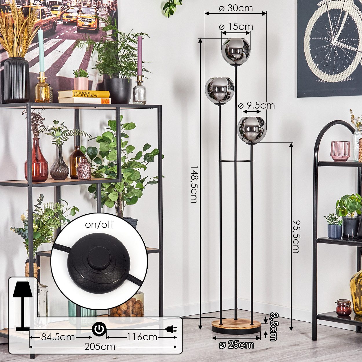 hofstein Stehlampe Stehlampe aus Metall/Holz/Glas in Schwarz/Hellbraun/Chrom/Bernstein, ohne Leuchtmittel, Stehleuchte im Retro-Design m. Glasschirmen (15cm), Fußschalter, E14