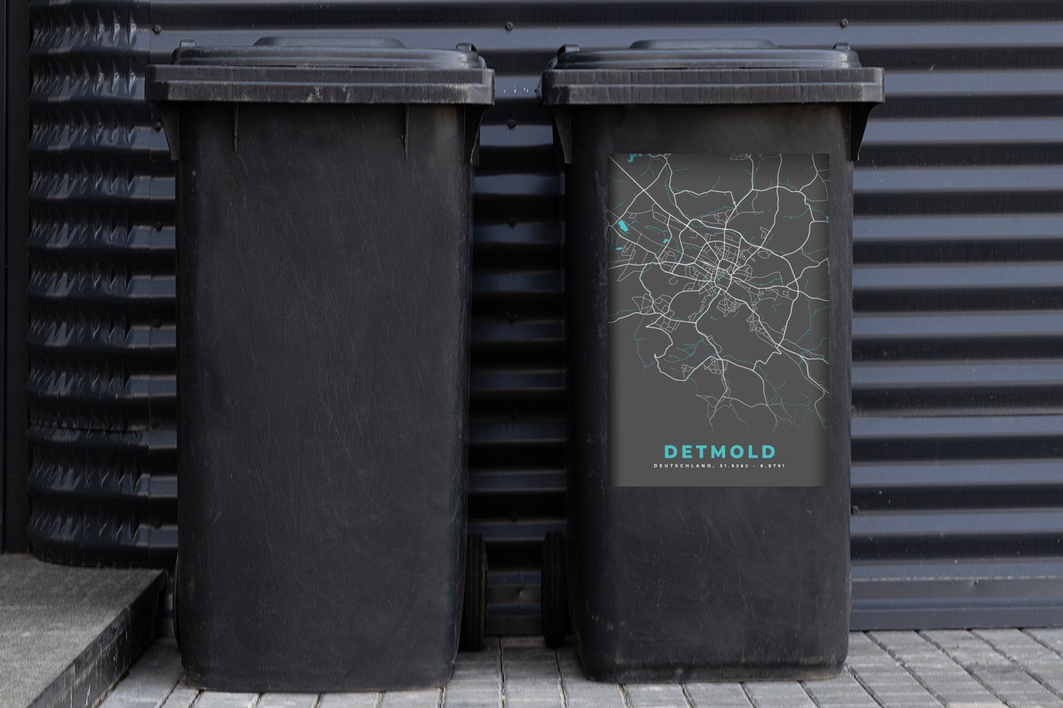 Container, St), Blau - Sticker, Mülltonne, - Karte MuchoWow Abfalbehälter Deutschland - Detmold - Mülleimer-aufkleber, (1 Wandsticker Stadtplan
