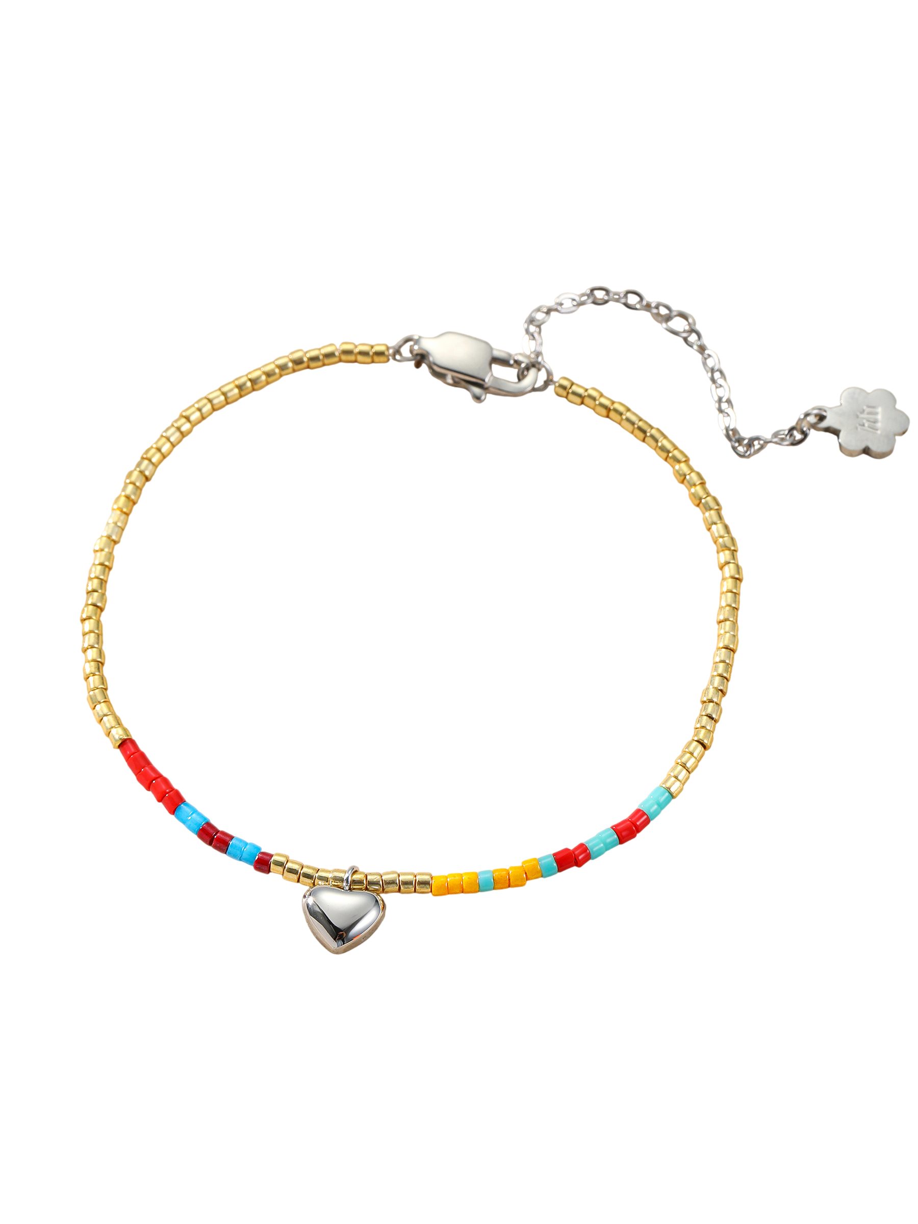 Hey Happiness Charm-Armband mit Herz, Buntes Perlenarmband, Wasserfestes Edelstahl Damen Boho Armband, für Sommer und Strand