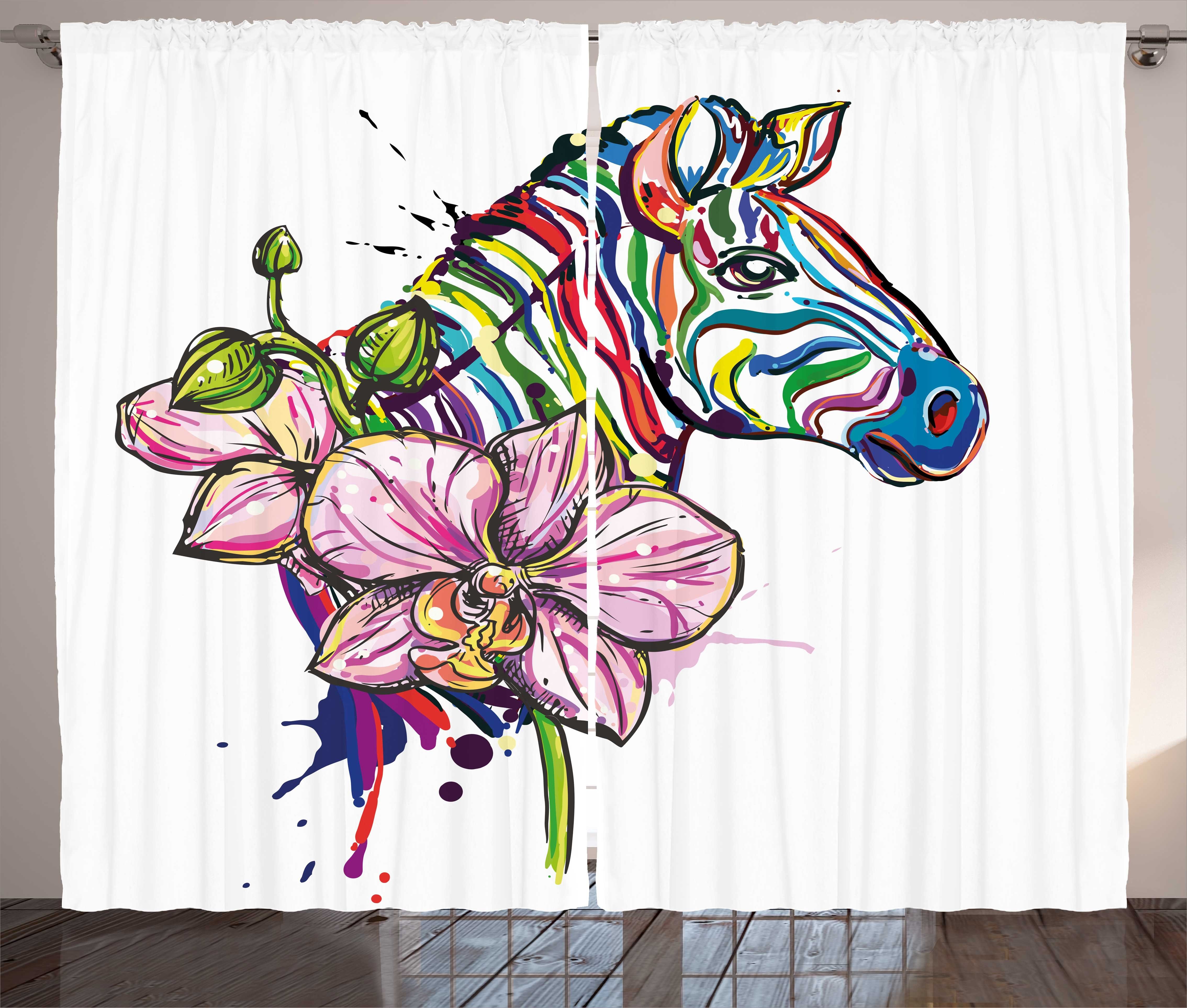 Gardine Schlafzimmer Kräuselband Vorhang mit Schlaufen und Haken, Abakuhaus, Regenbogen Zebra Tier Orchid Ink Art