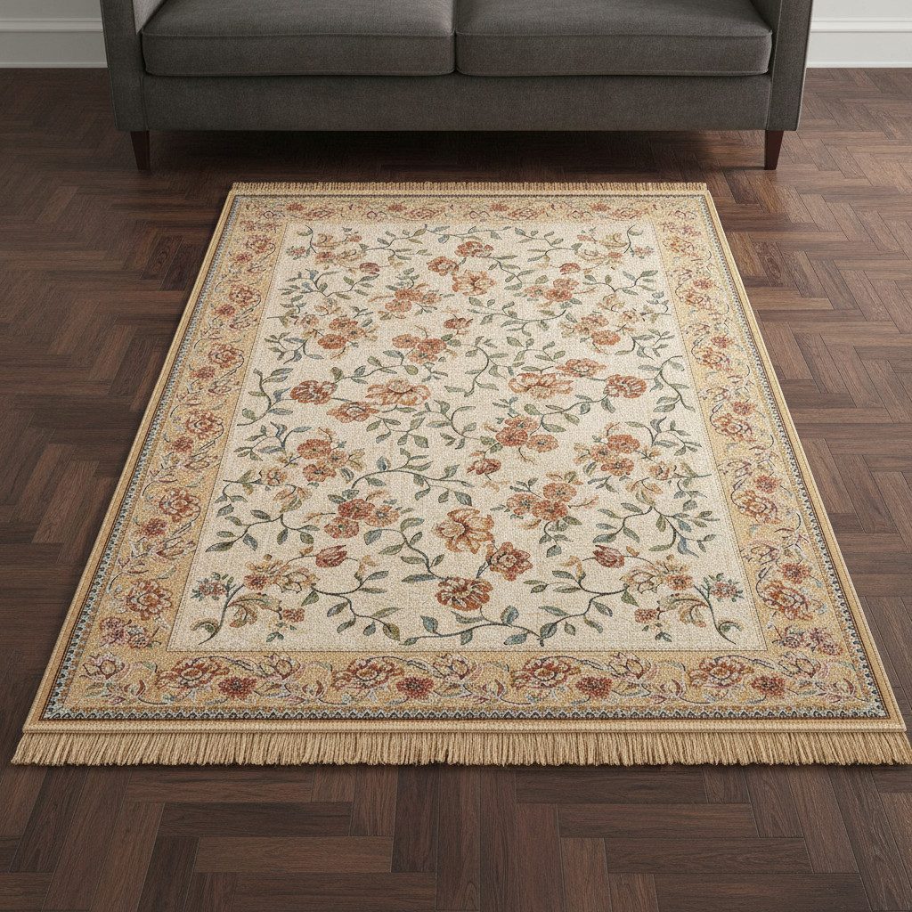 TaCa Home Teppich Seidiger Kurzflor-Orientteppich mit Blüten- und Rankenmuster, rechteckig, Höhe: 6 mm, antistatisch