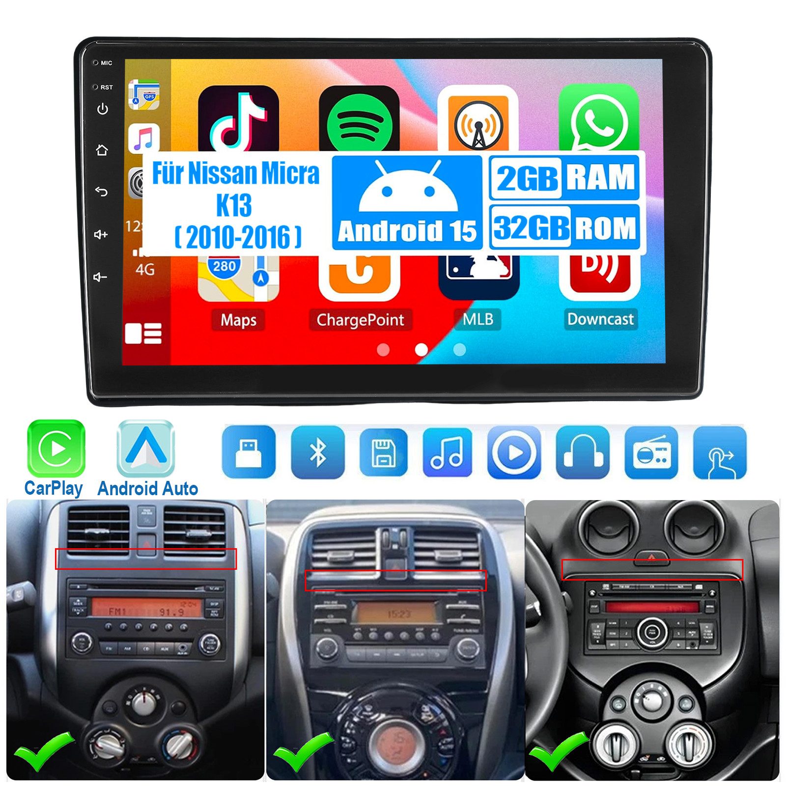 ESSGOO DAB+ 64G Android 15 Für NISSAN MICRA 4 K13 2010-16 Carplay GPS Navi Autoradio (DAB+ (optional), 4+64GB(optional), RDS, AM, FM, Carplay Android Auto Bluetooth EQ USB GPS Navi WIFI Touchscreen)