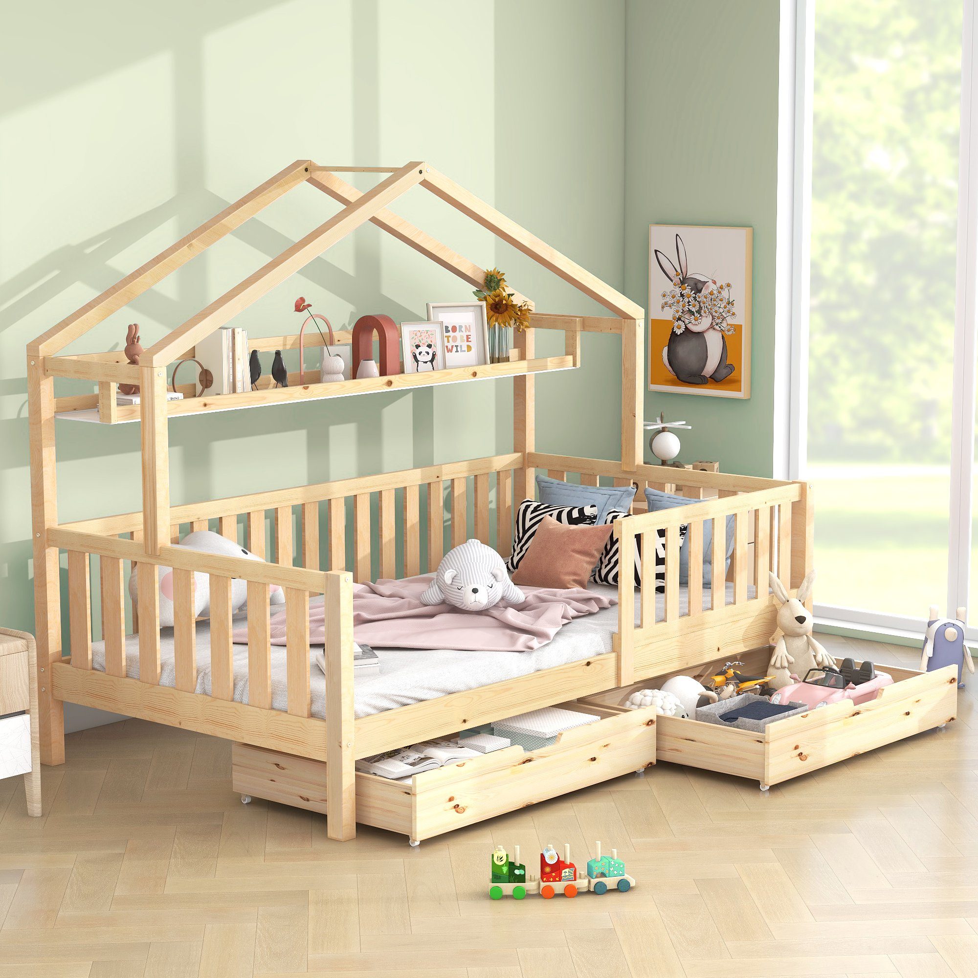 SOFTWEARY Kinderbett Hausbett mit Lattenrost und Schubladen (90x200 cm), Holzbett aus Kiefer, Einzelbett inkl. Rausfallschutz