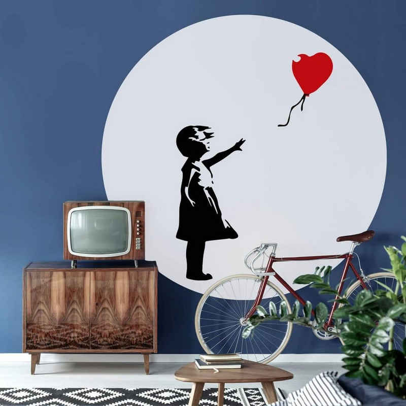 K&L Wall Art Fototapete Fototapete Banksy Girl with the red balloon Vliestapete Rund Tapete, Graffiti Tapete