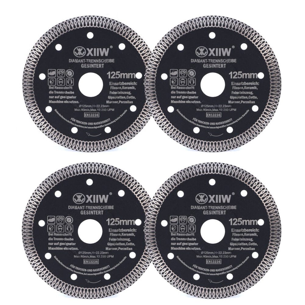 XERSEK Diamanttrennscheibe 4X Diamanttrennscheibe Ø125 mm Trennscheibe für sauberes Trennen, (von Fliesen, Porzellan, Keramik, Feinsteinzeug, 4-tlg., Granit, Marmor)