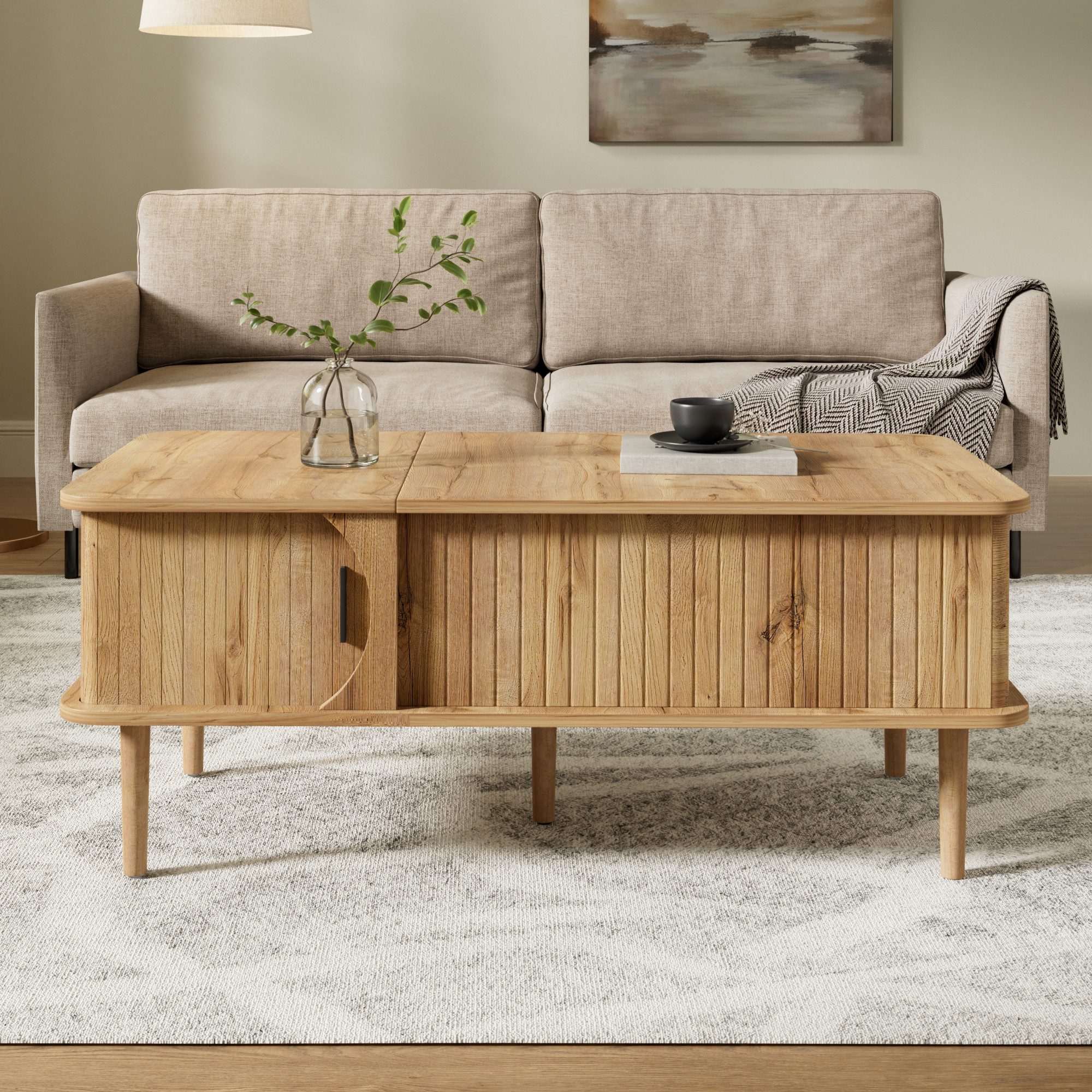 Merax Couchtisch höhenverstellbar Sofatisch Walnuss Retro Beistelltisch (100 x 48 x 55,5 cm, 1-St), Wohnzimmertisch mit Schiebetür, Holzbeinen & Stauraum – Bild 2 von 5