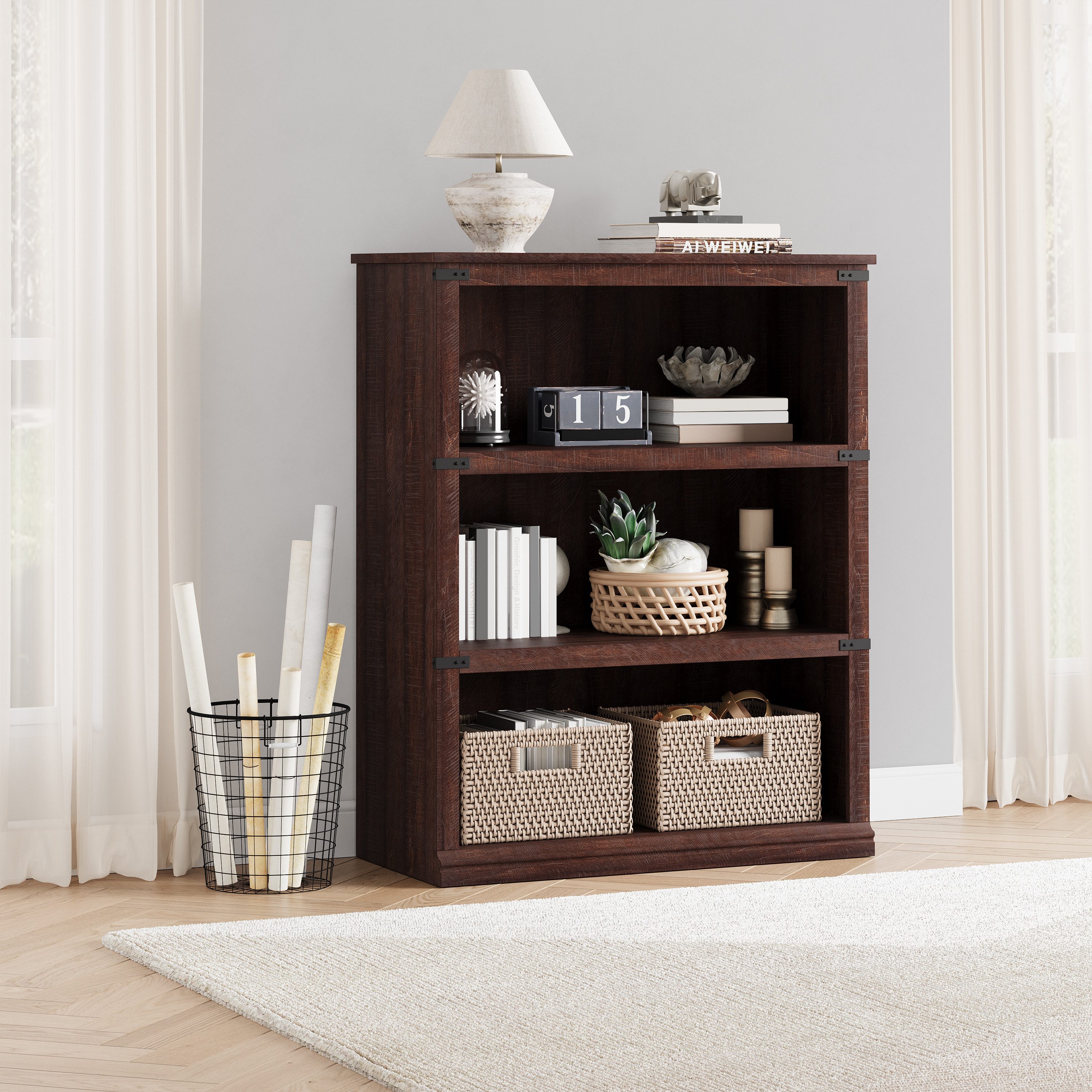 GarveeMore Bücherregal im Vintage-Stil aus MDF/PB mit Metallakzenten, inkl. Kippschutz-Set, 1-tlg., 80×30×100 cm, Braunrot