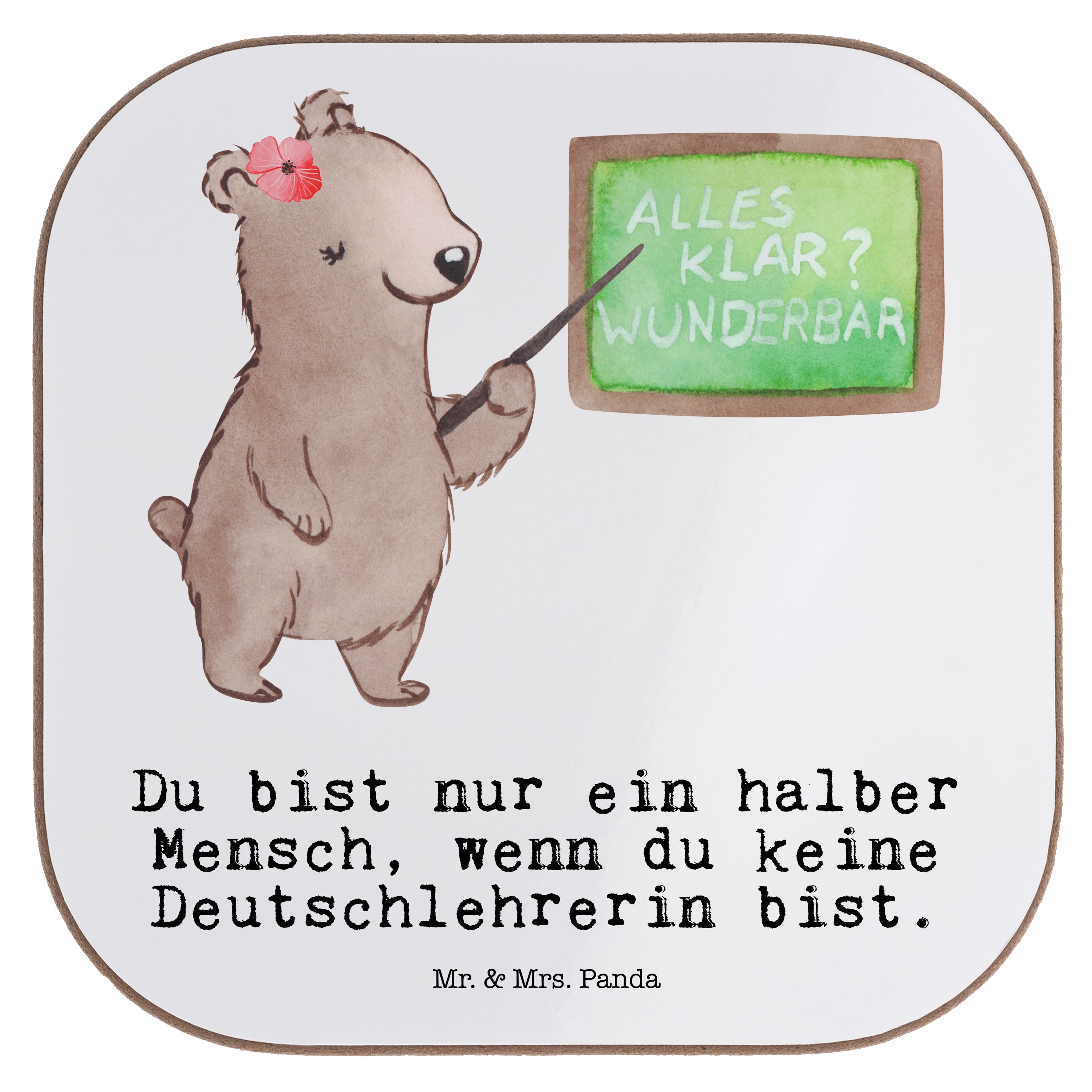 Mr. & Mrs. Panda Getränkeuntersetzer Deutschlehrerin mit Herz - Weiß - Geschenk, Deutschunterricht, Kolleg, 1-tlg.